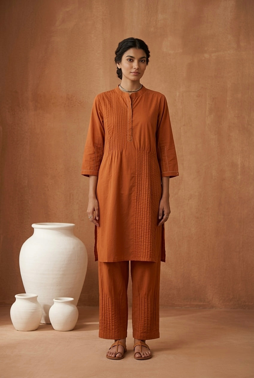 Burnt Orange Pintuck Kurta Set | HER-698