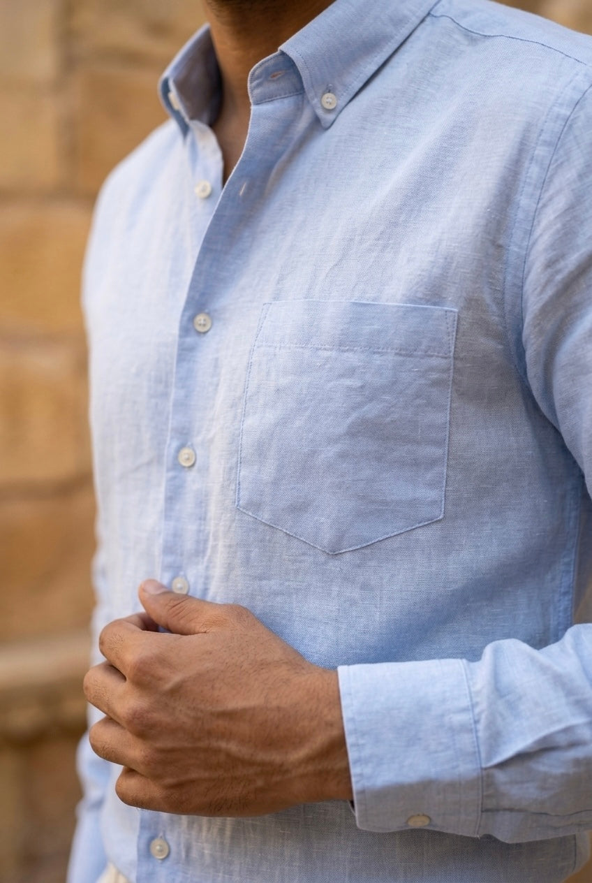 Pastel Blue Men’s Pure Linen Full Sleeves Shirt
