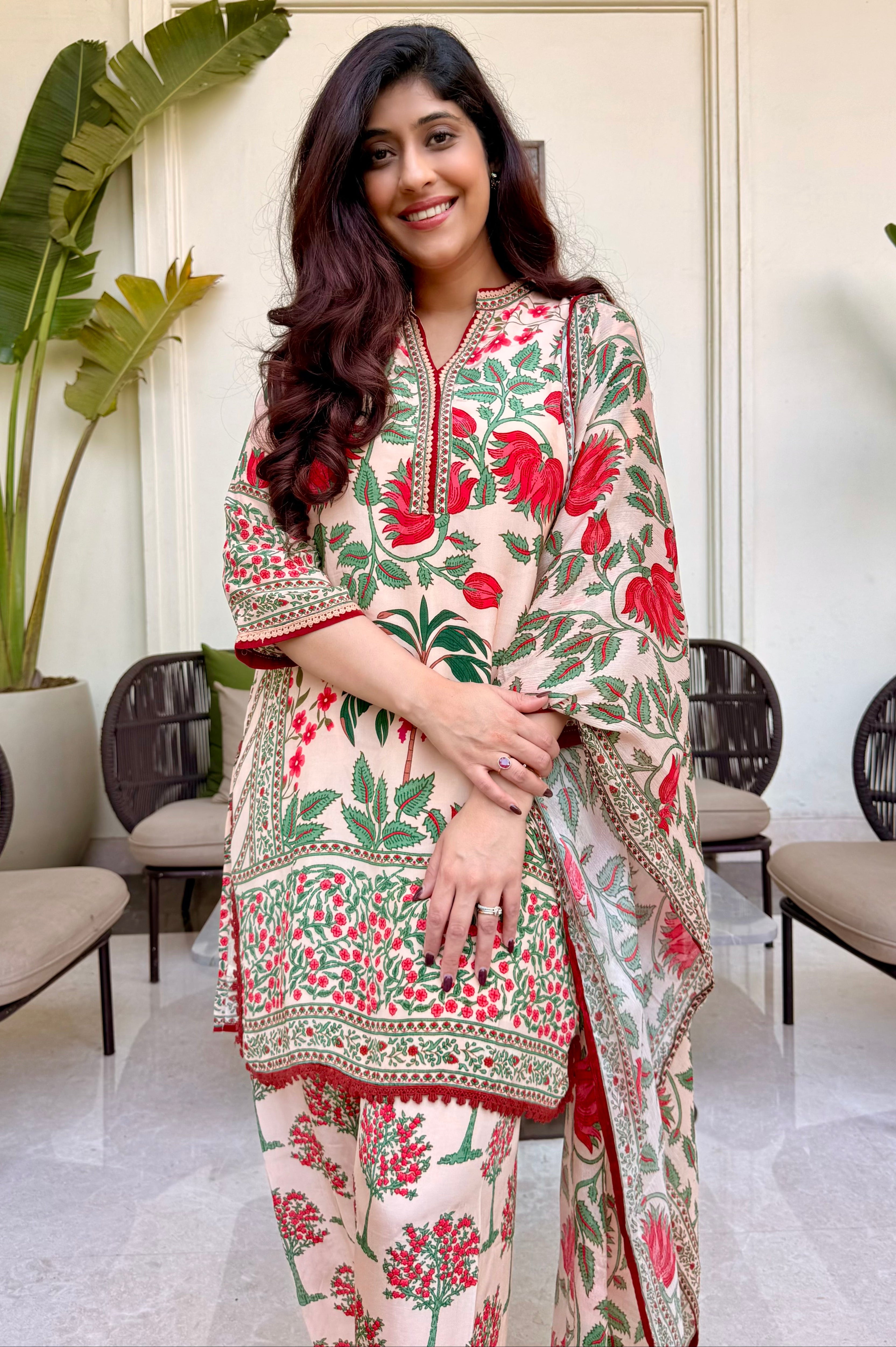 Peach Crimson Botanical Printed Suit Set | HER-613