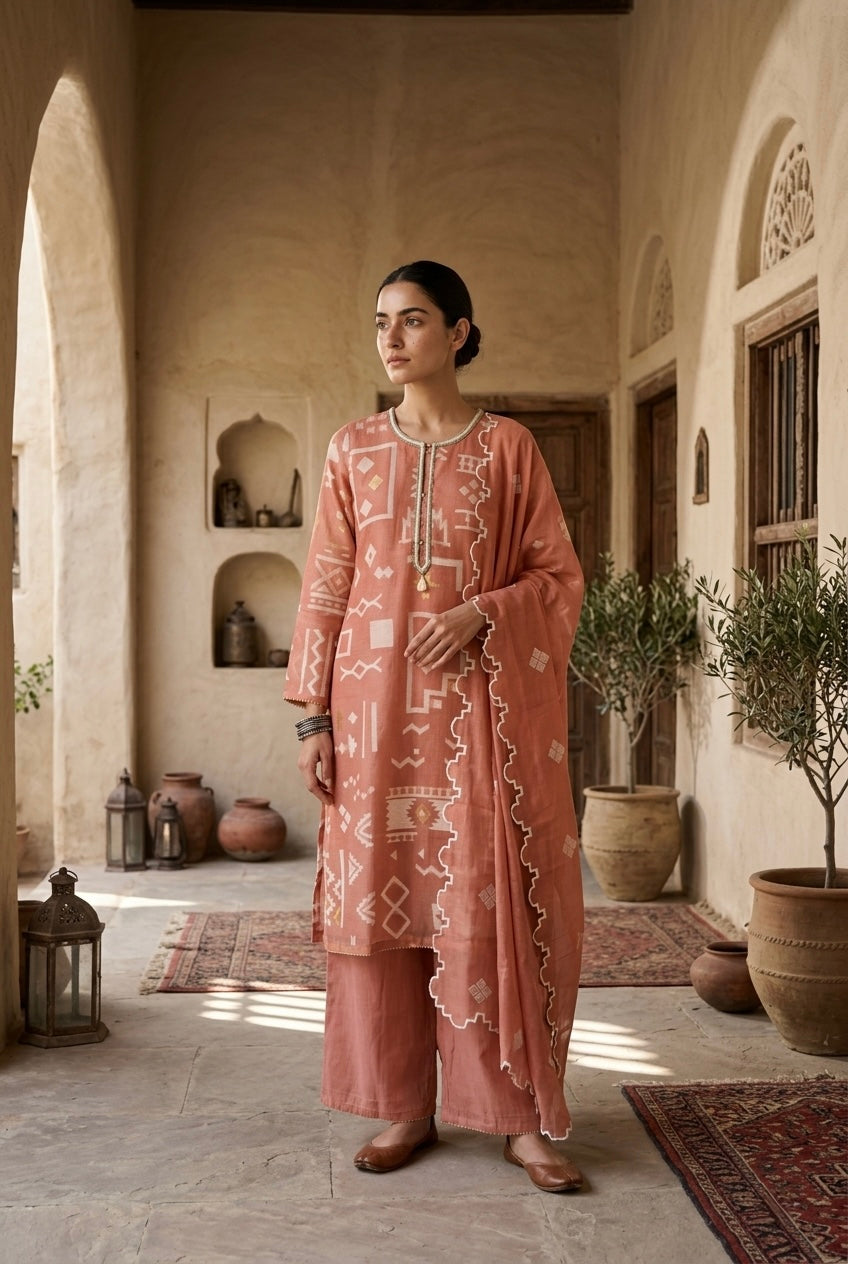 Coral Ikat-Inspired Chanderi Suit Set