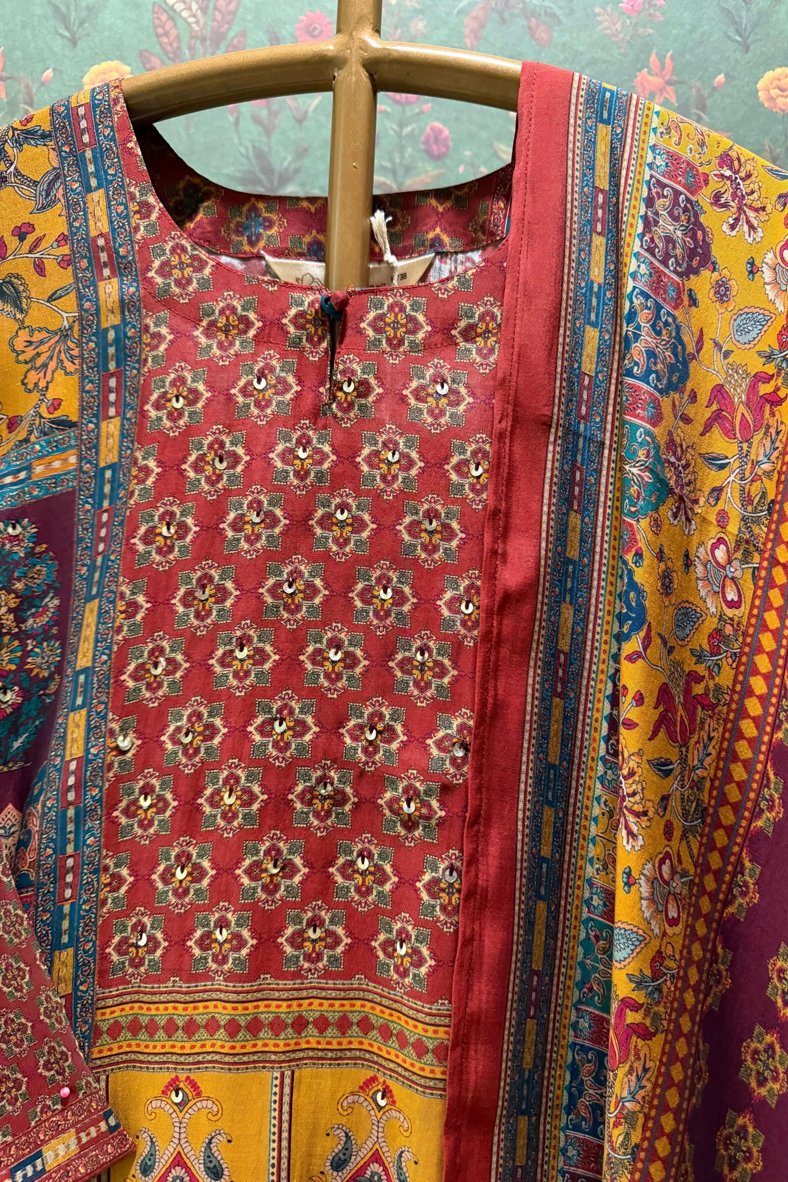 Aurelia Maroon Multicolor Muslin Suit Set | HER-569