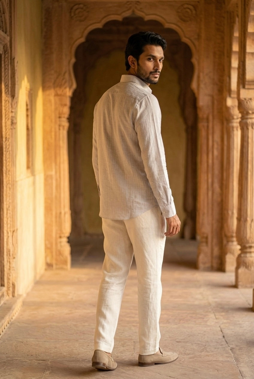 Men’s Off-White Striped Pure Linen Full Sleeves Shirt