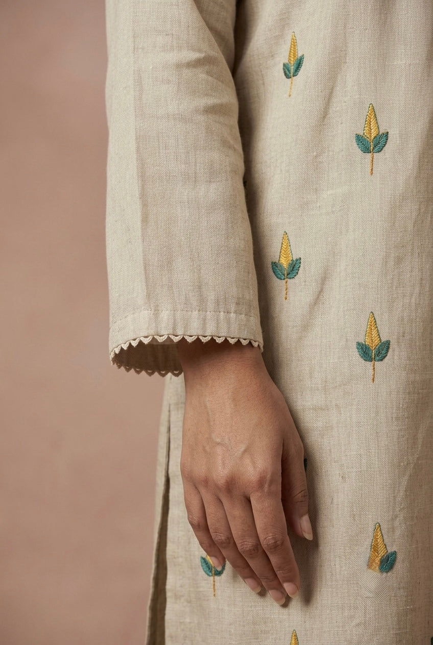 Ivory Beige and Mustard Yellow Embroidered Pure Chanderi Suit Set