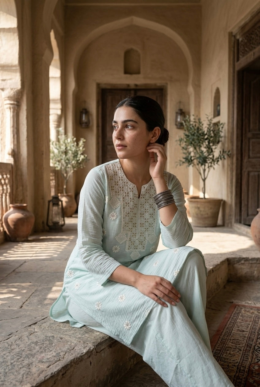 Pastel Blue Mul-Chanderi Kurta/Co-ord Set