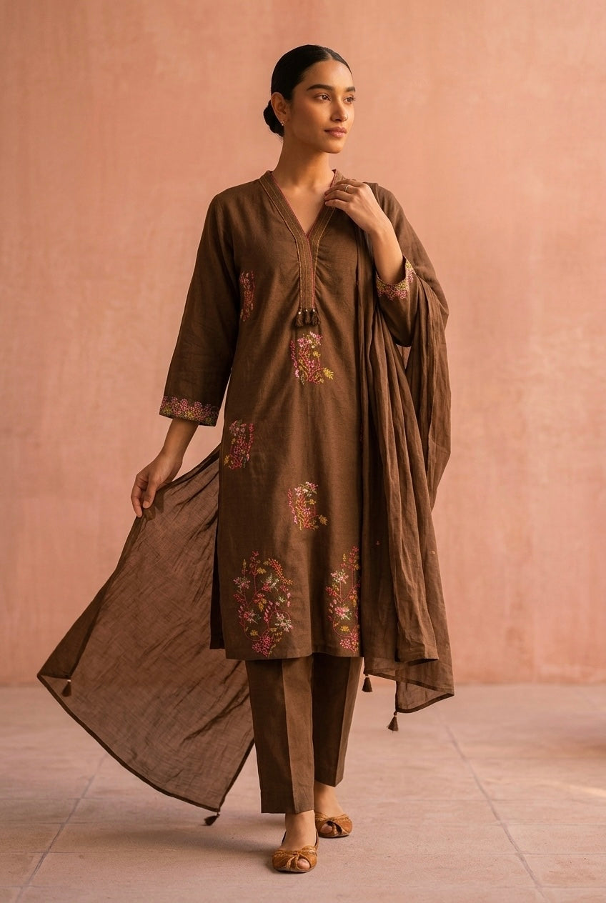Cocoa Brown Embroidered Cotton Suit Set | HER-697