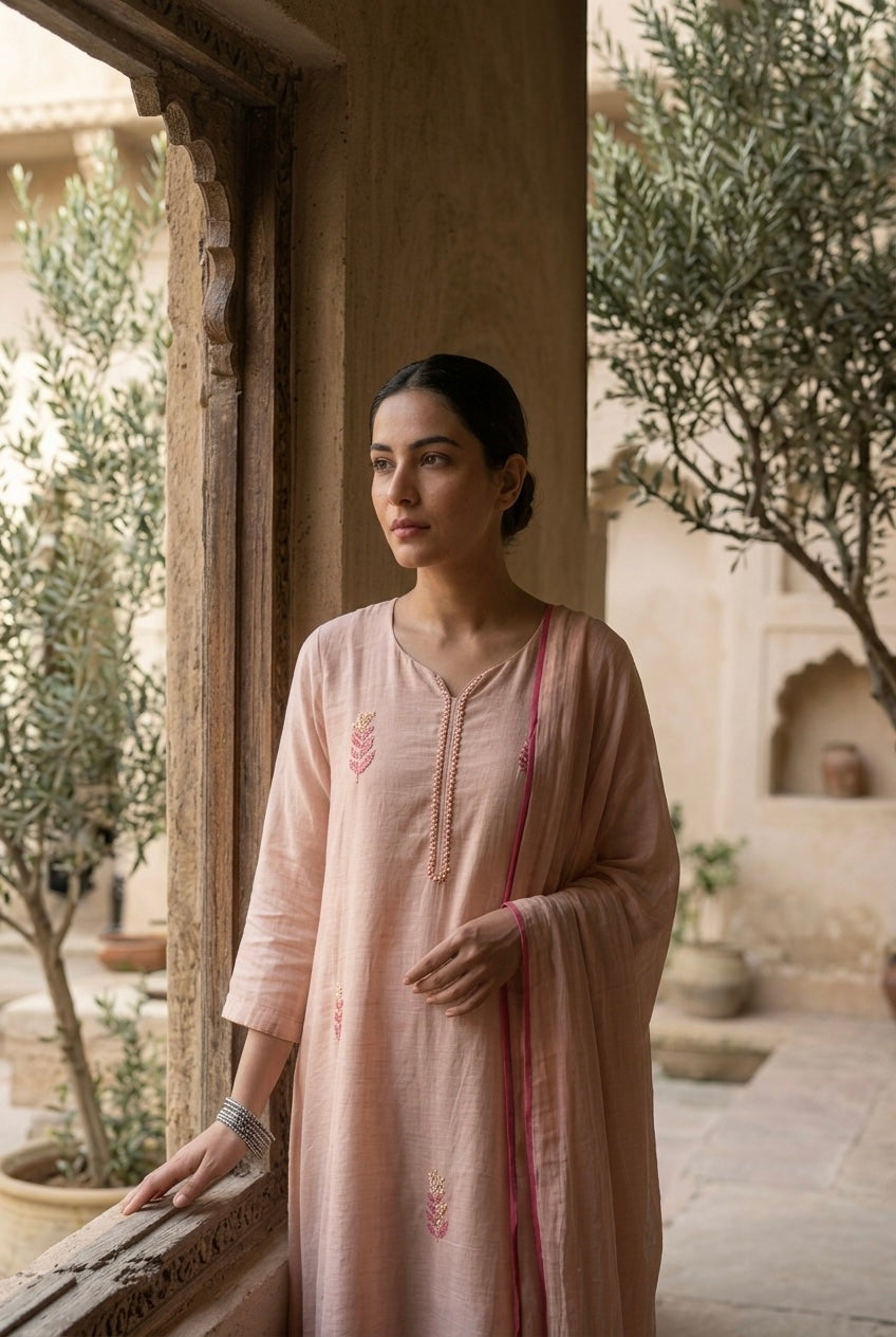 Blush Peach Pearl Embroidered Mul Chanderi A-Line Suit Set