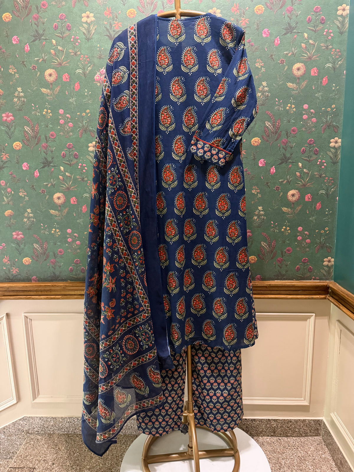 Indigo Blue Paisley Printed A-Line Cotton Suit Set | HER-720