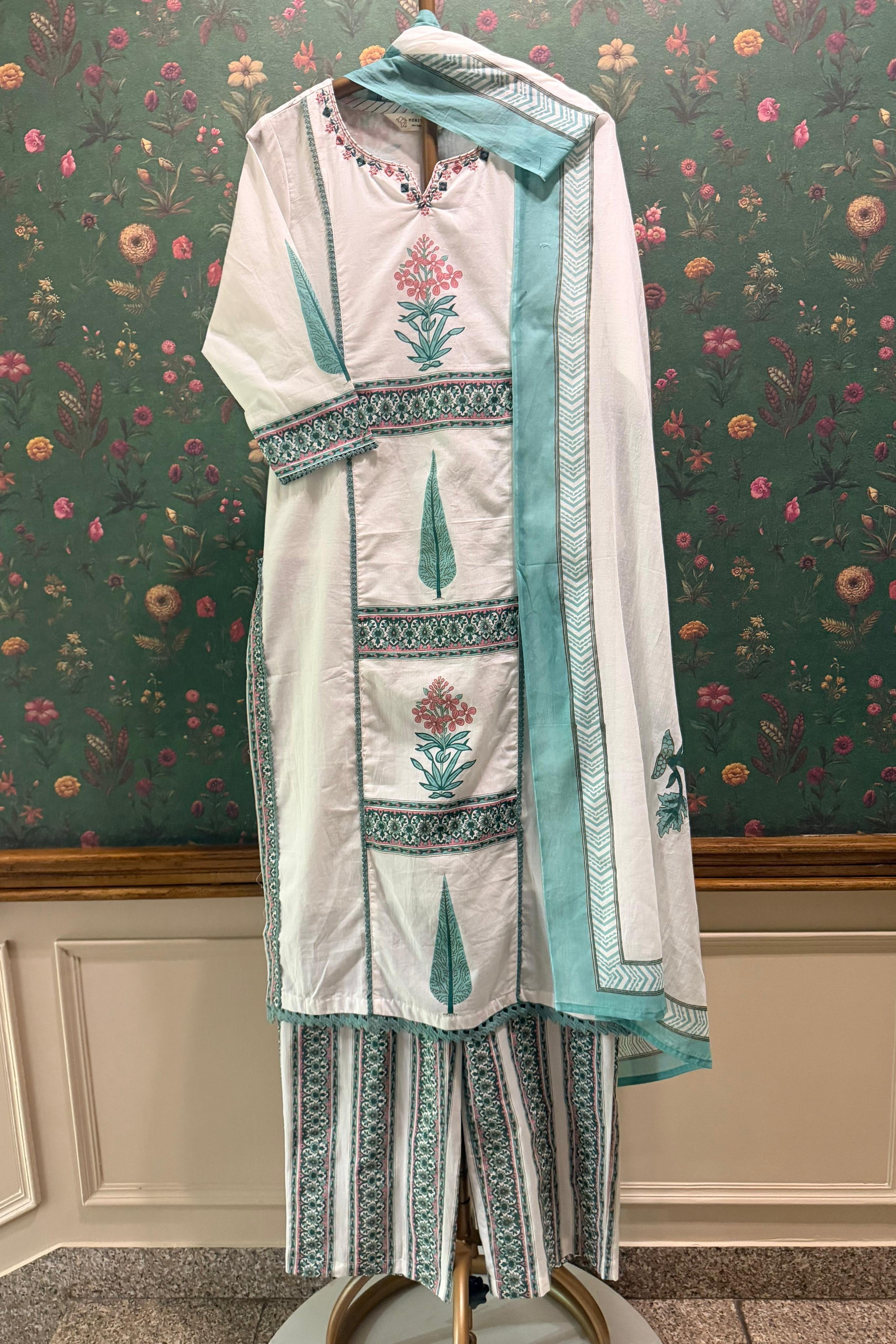 Neelima Blossom Aqua Green Printed Suit Set | HER-750