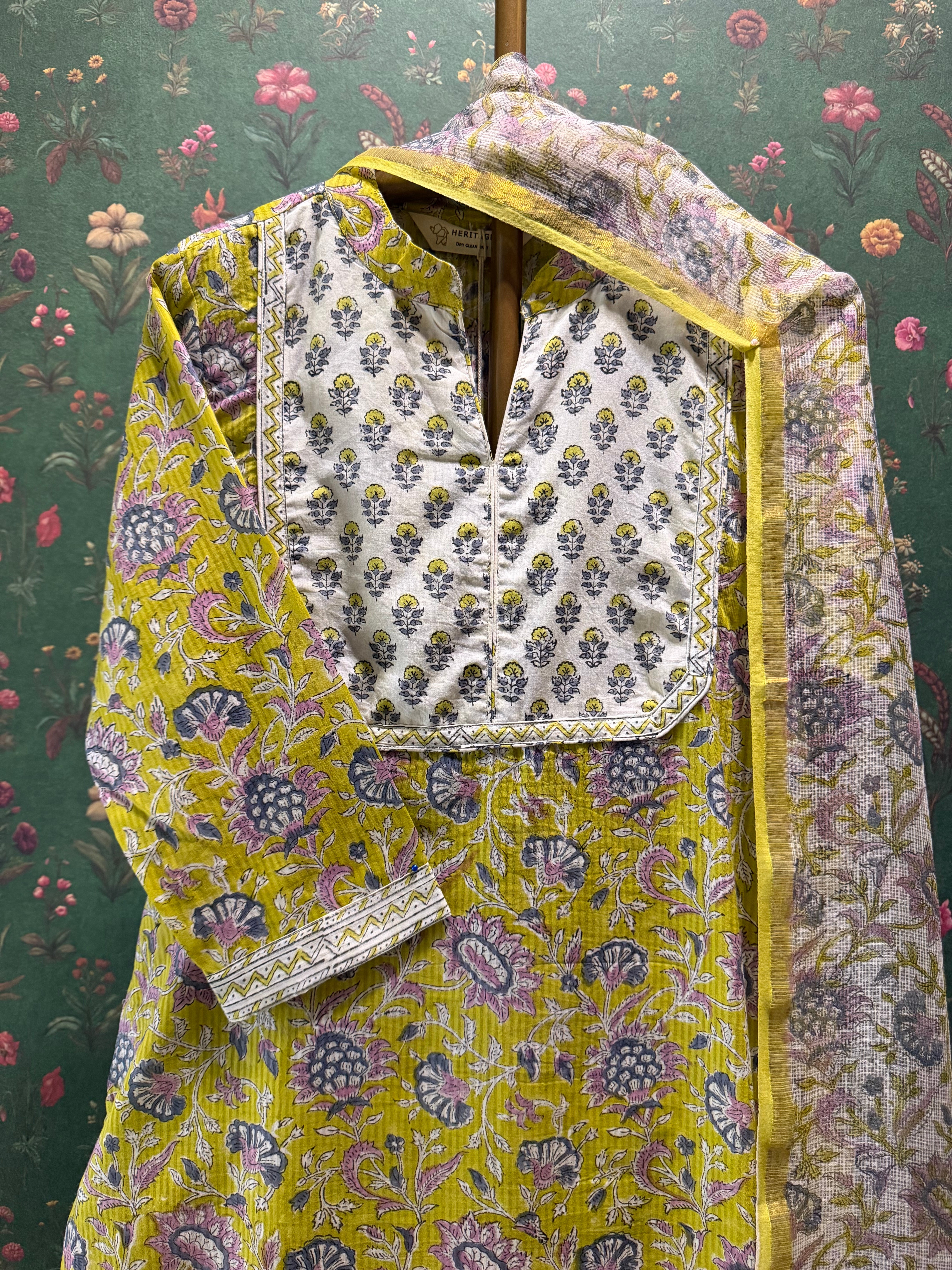 Lime Yellow Floral Printed Suit Set, with Kota Doria Dupatta | HER-752