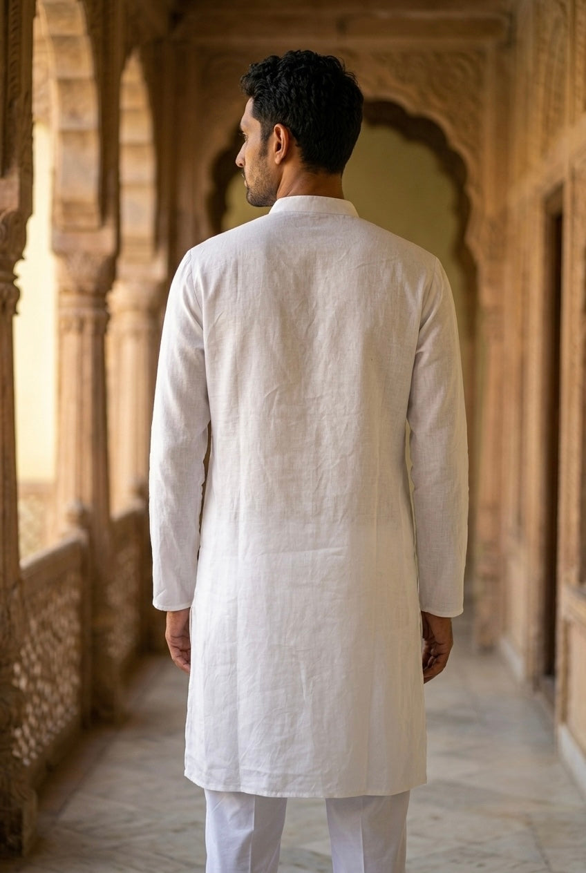Men’s Pure Linen Kurta Pajama Set – Ivory White