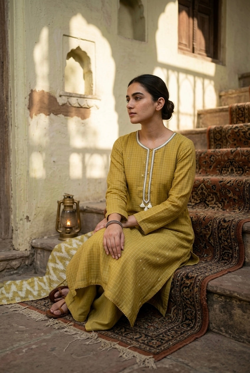 Olive Mustard Handwoven Check Pure Chanderi Suit Set