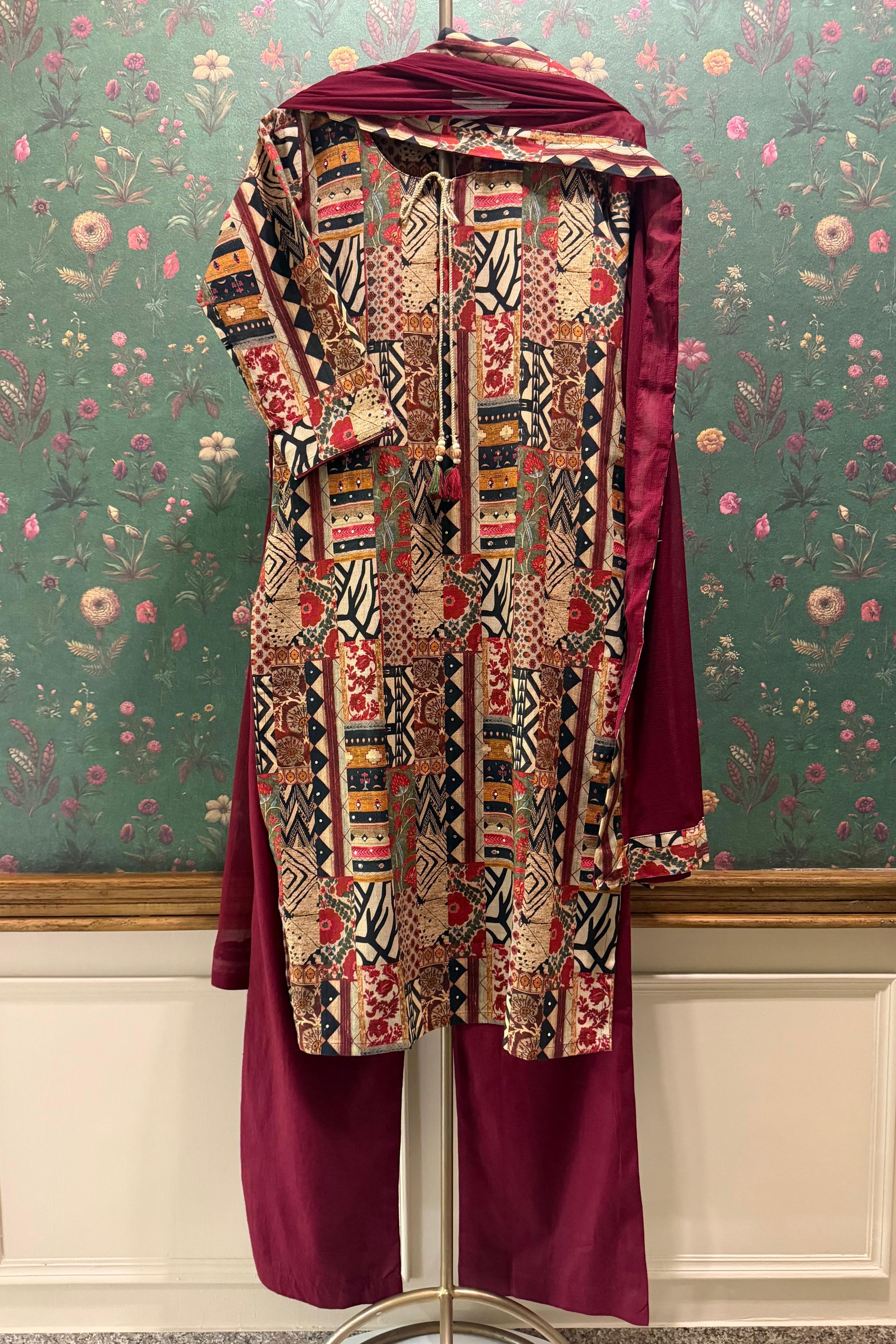 Rangrez Maroon Patchwork Suit Set | HER-645