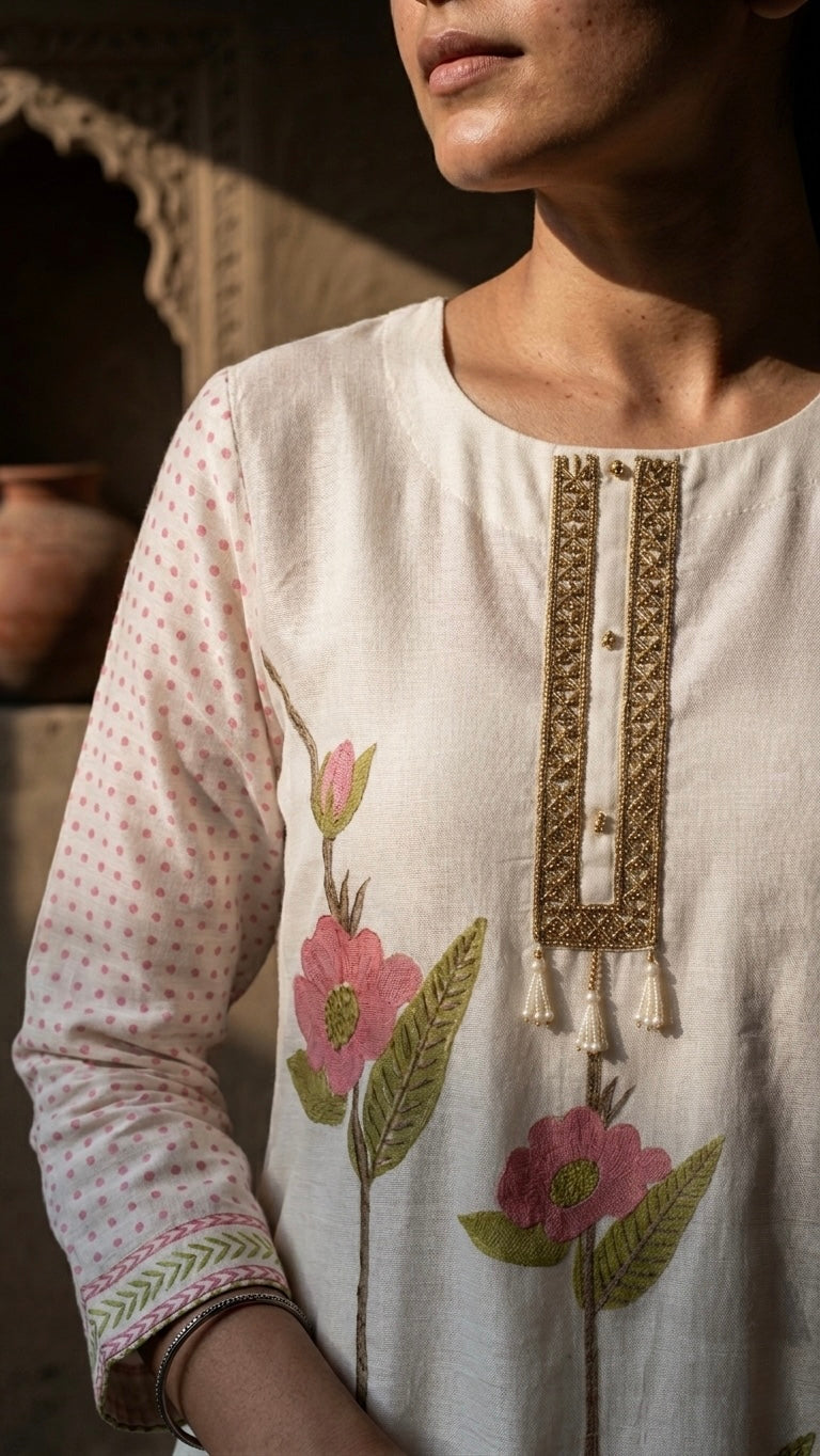 Ivory Floral Pure Chanderi Suit Set