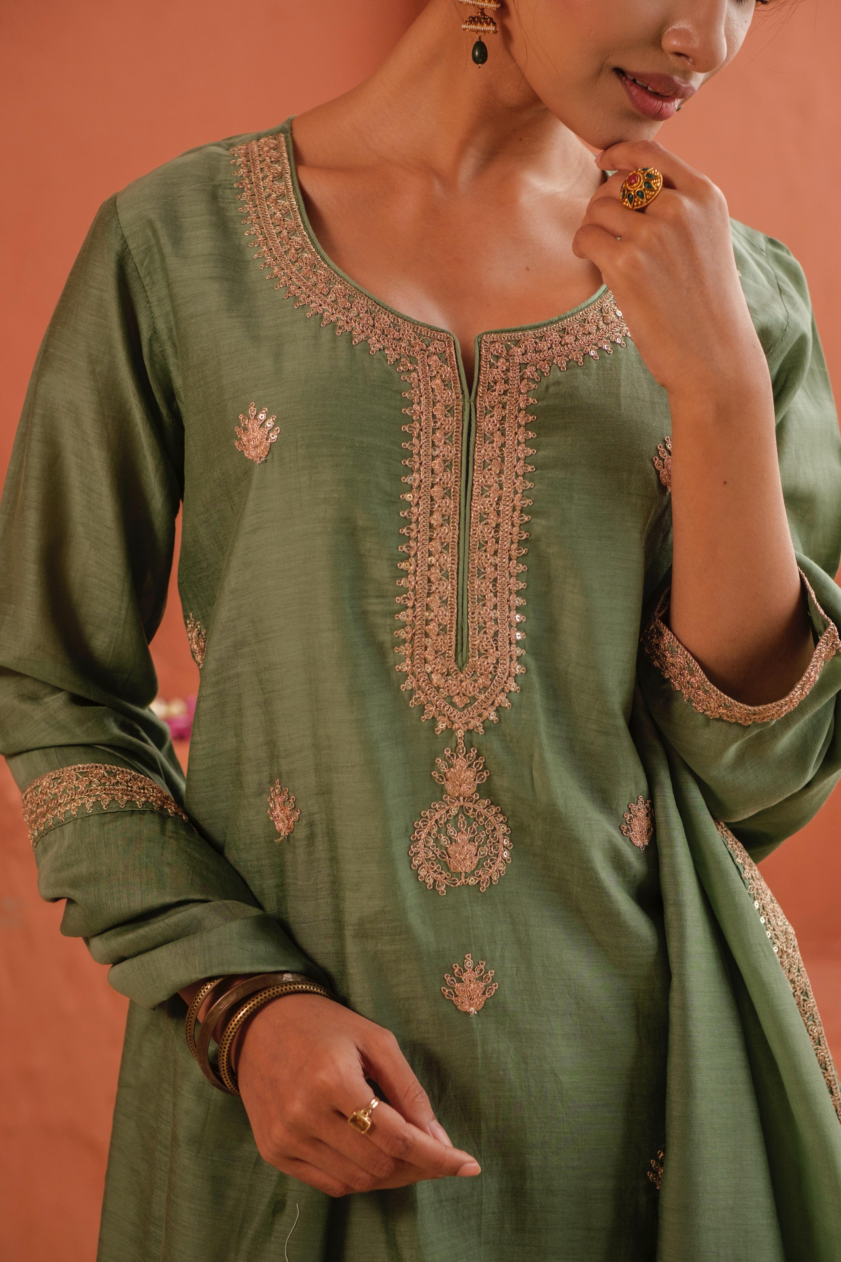 Aafreen Sage Green Mul Chanderi Embroidered Suit Set | HER-543