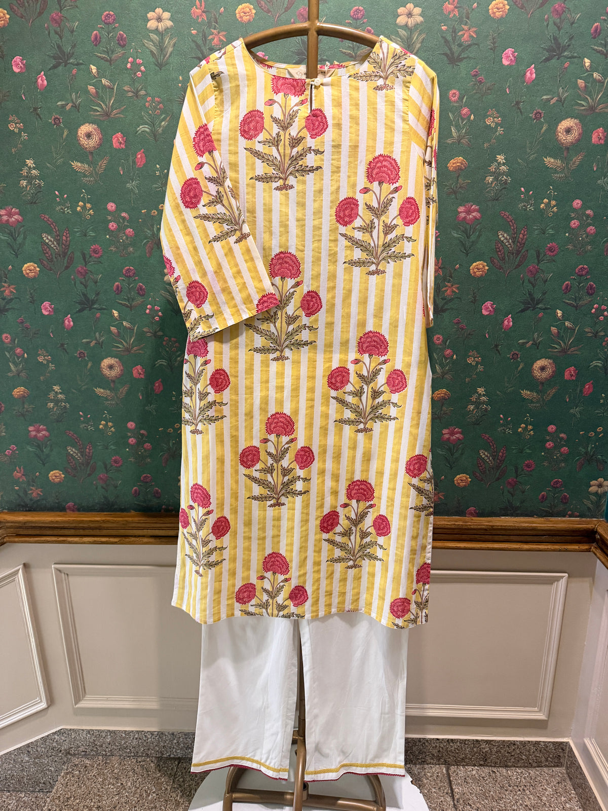 Mustard Floral Stripe Kurta Set
