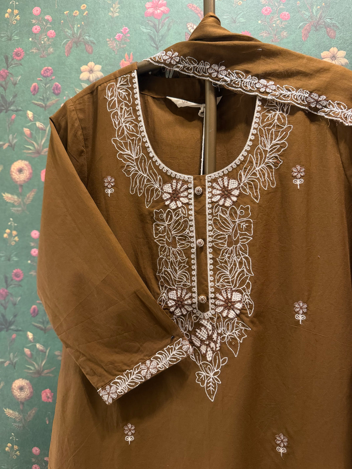 Cocoa Brown Embroidered Cotton Suit Set | HER-686