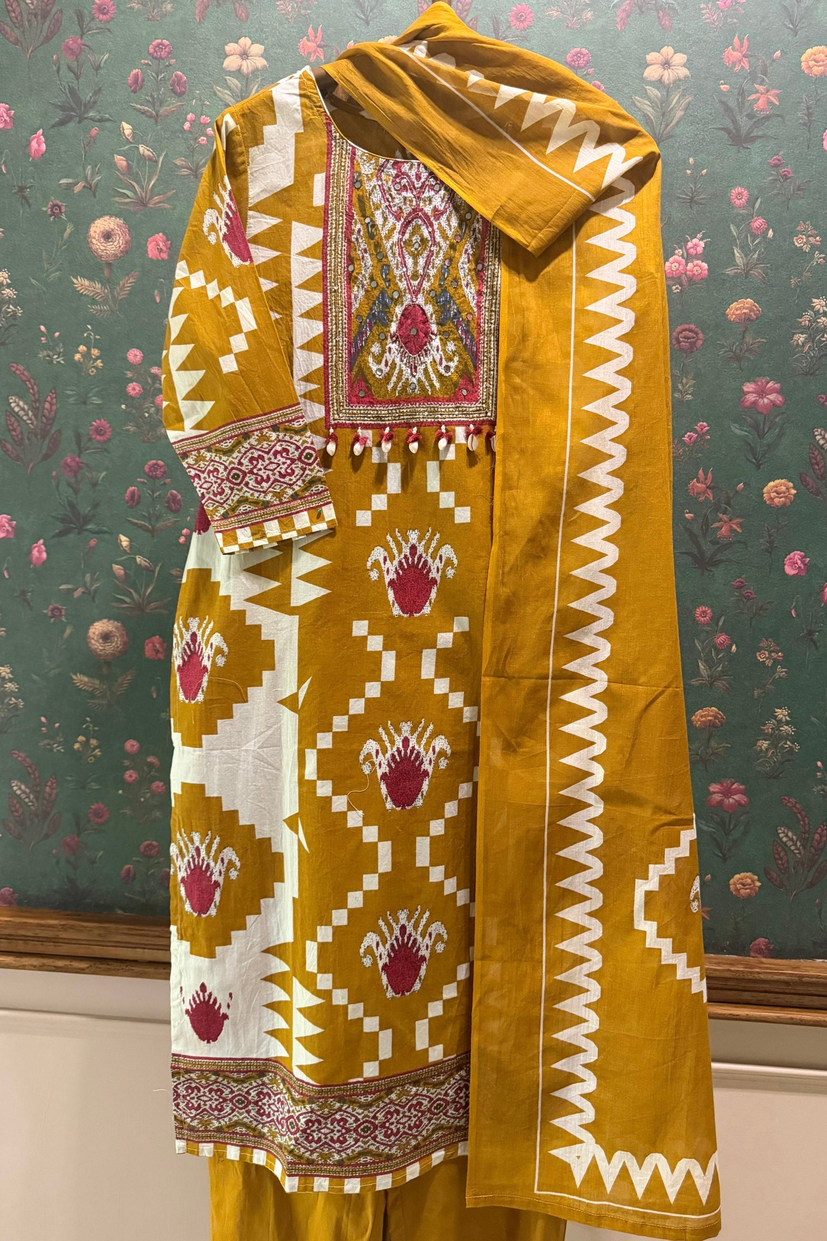 Kanak Ikat Mustard Handcrafted Suit Set | HER-748