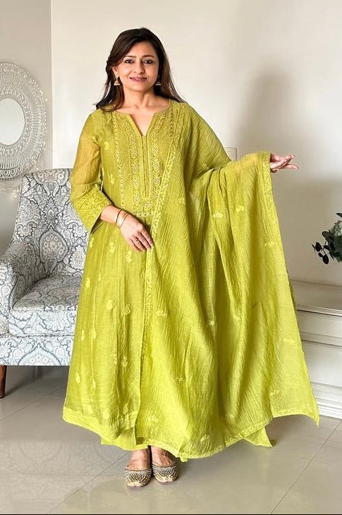 Mehndi Green Chikankari A-Line Mul Chanderi Suit Suit Set | HER-627