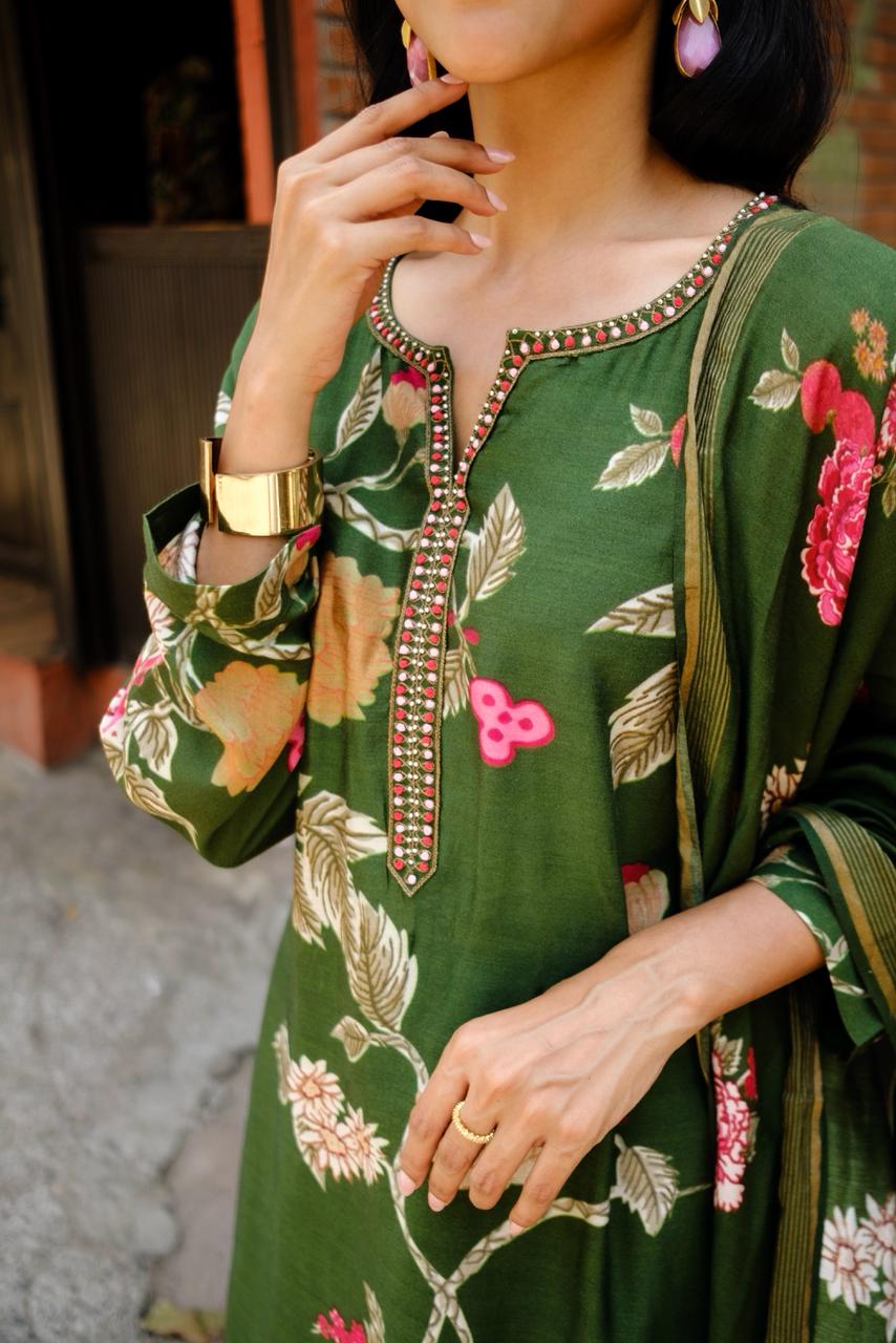 Emerald Green Floral Chanderi Suit Set | HER-605
