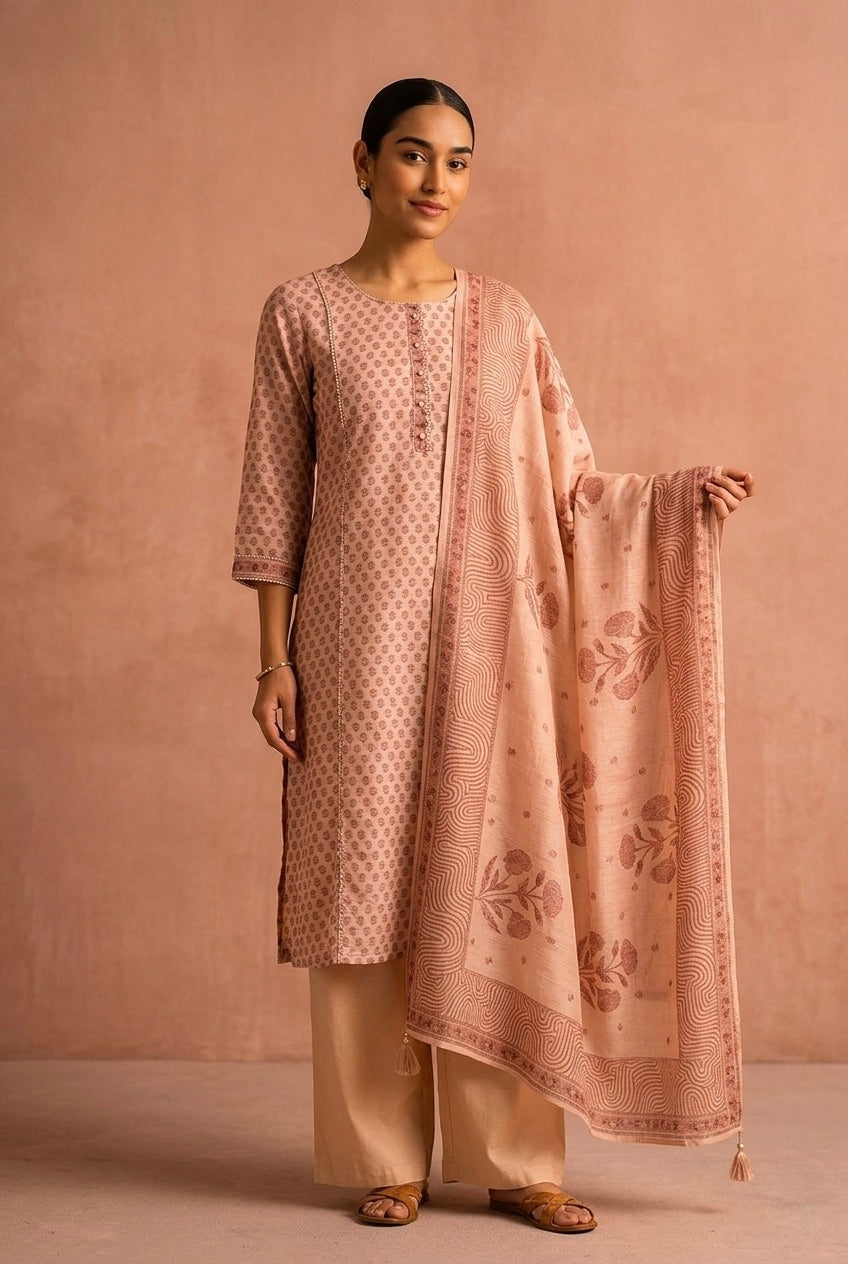Dusty Peach Printed Linen Cotton Suit Set | HER-772