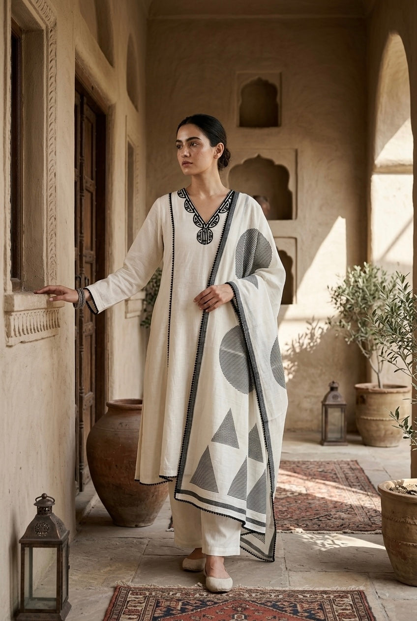 Ivory & Black Pure Linen A-line Suit Set | HER-823