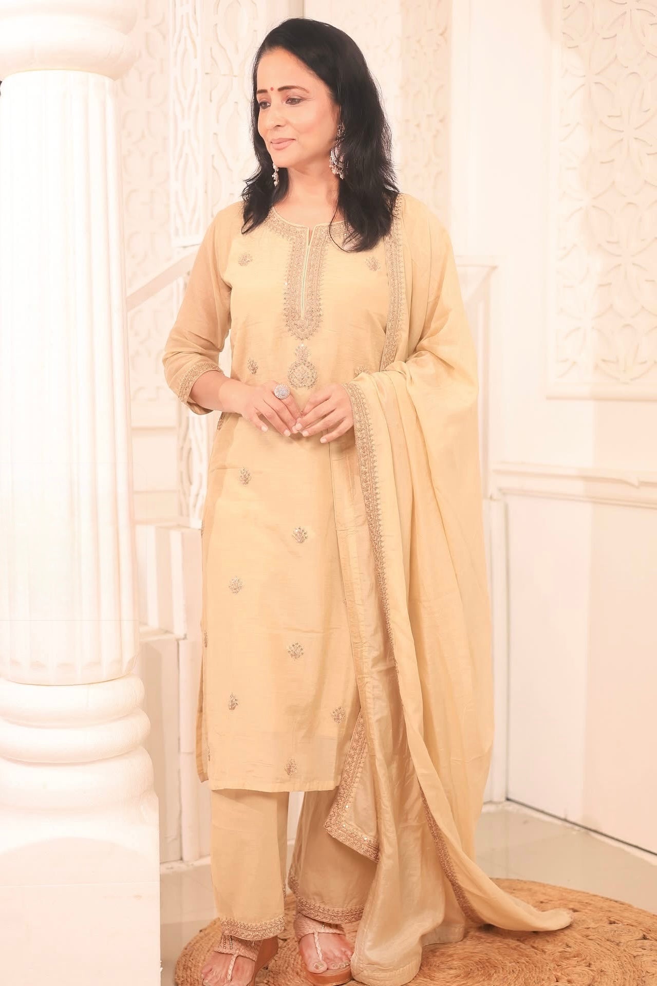 Aafreen Beige Mul Chanderi Embroidered Suit Set | HER-543