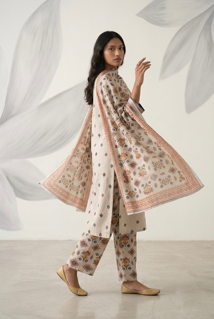Ivory Linen Printed Suit Set | HER-641