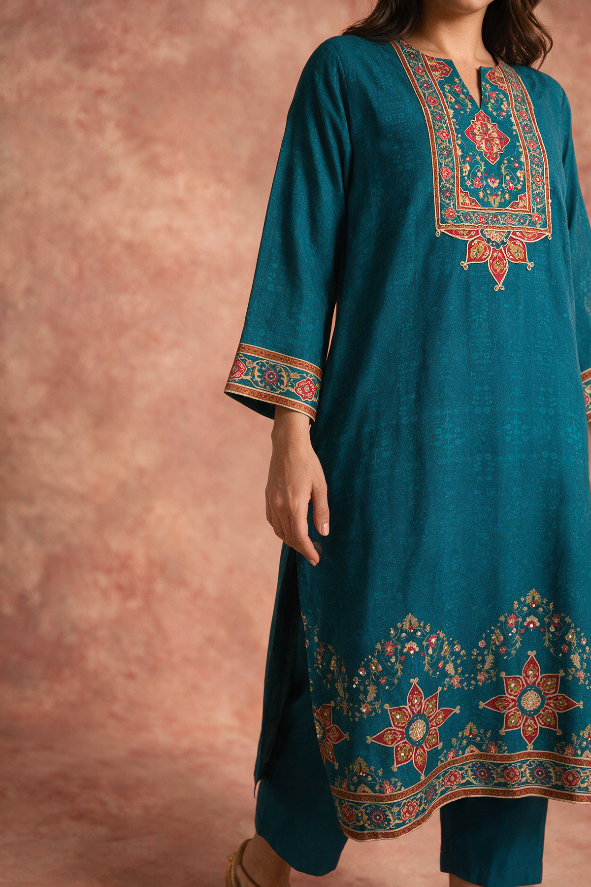 Teal Green Printed Soft Silk Suit Set