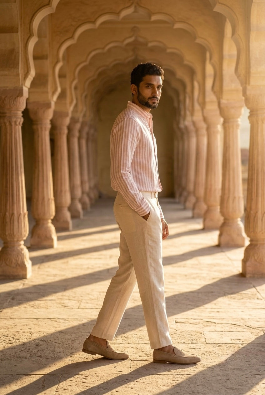 Men’s Blush Pink & White Striped Pure Linen Full Sleeves Shirt