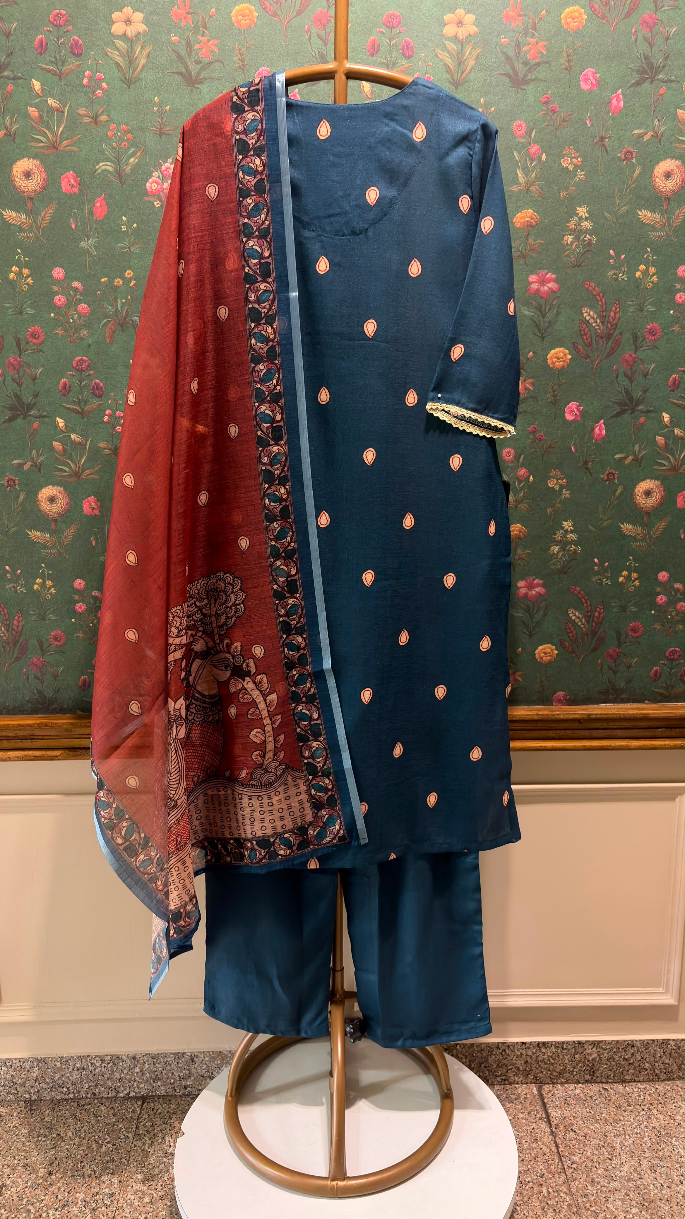 Teal Blue Madhubani Cotton Suit Set | HER-642