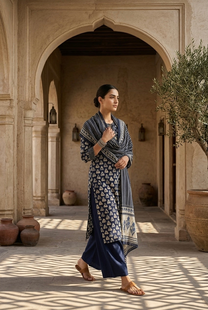 Indigo Blue Batik Printed Cotton Suit Set
