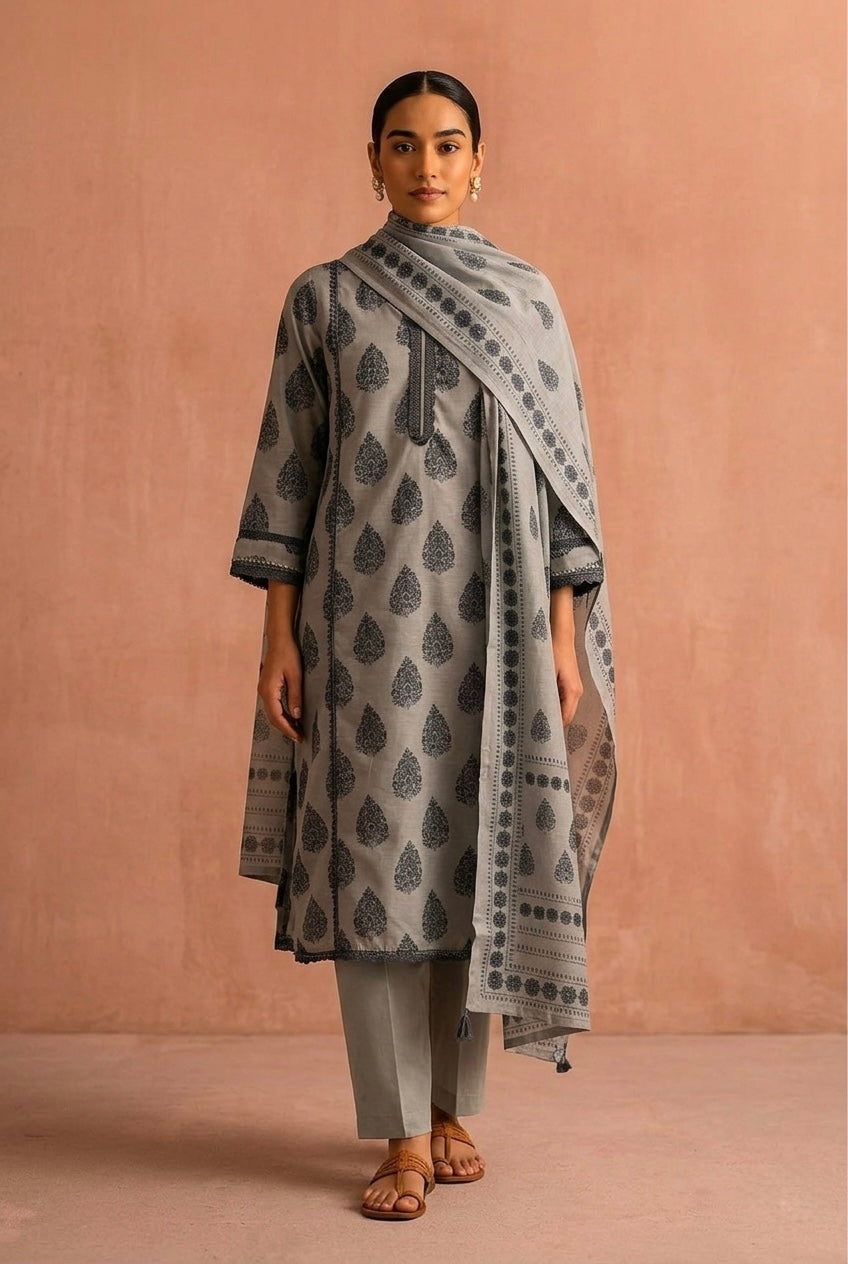 Tehzeeb Charcoal Sage Green Chanderi Suit Set | HER-411