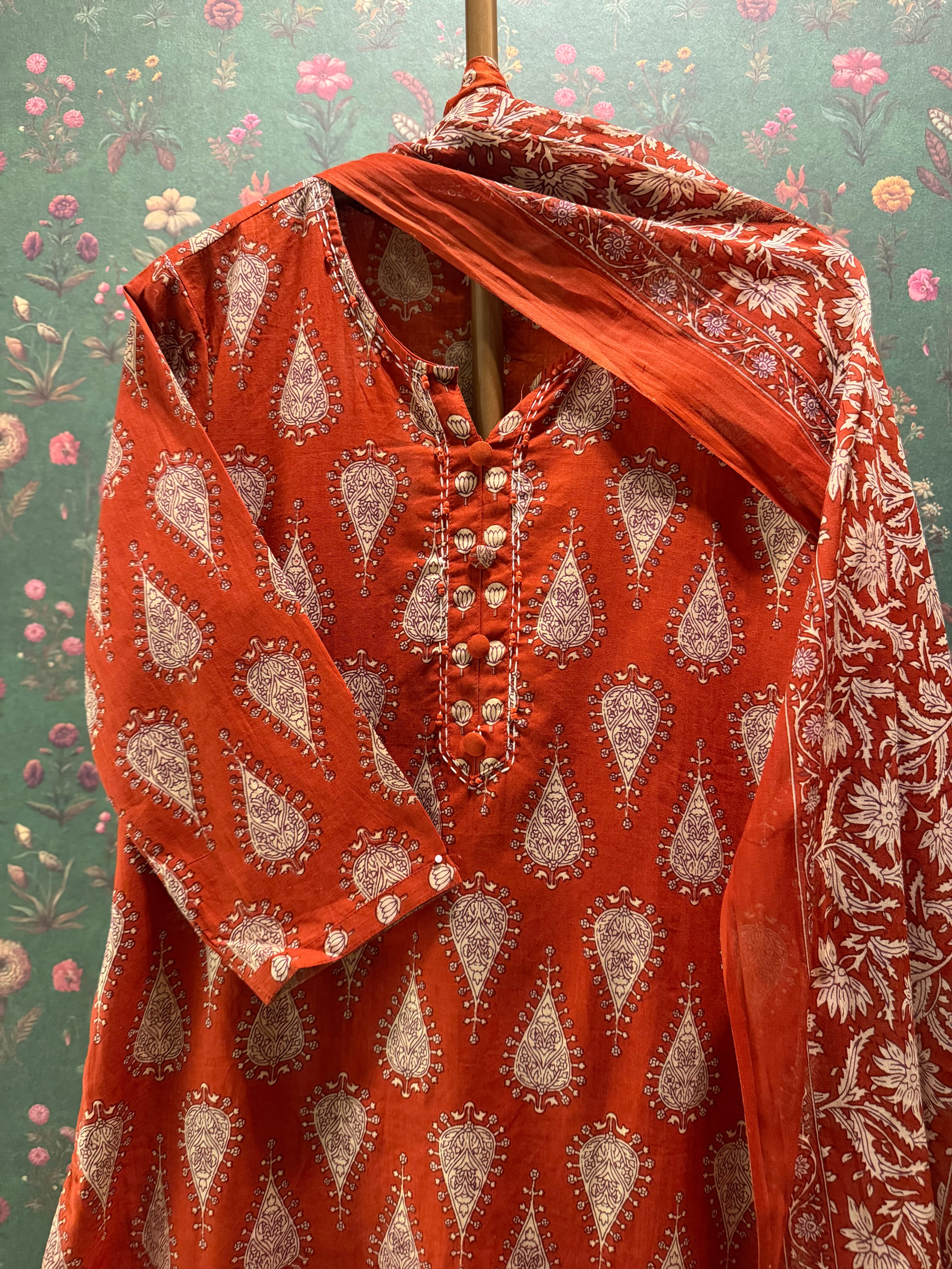 Rust Red Cotton Printed Suit Set | HER-691