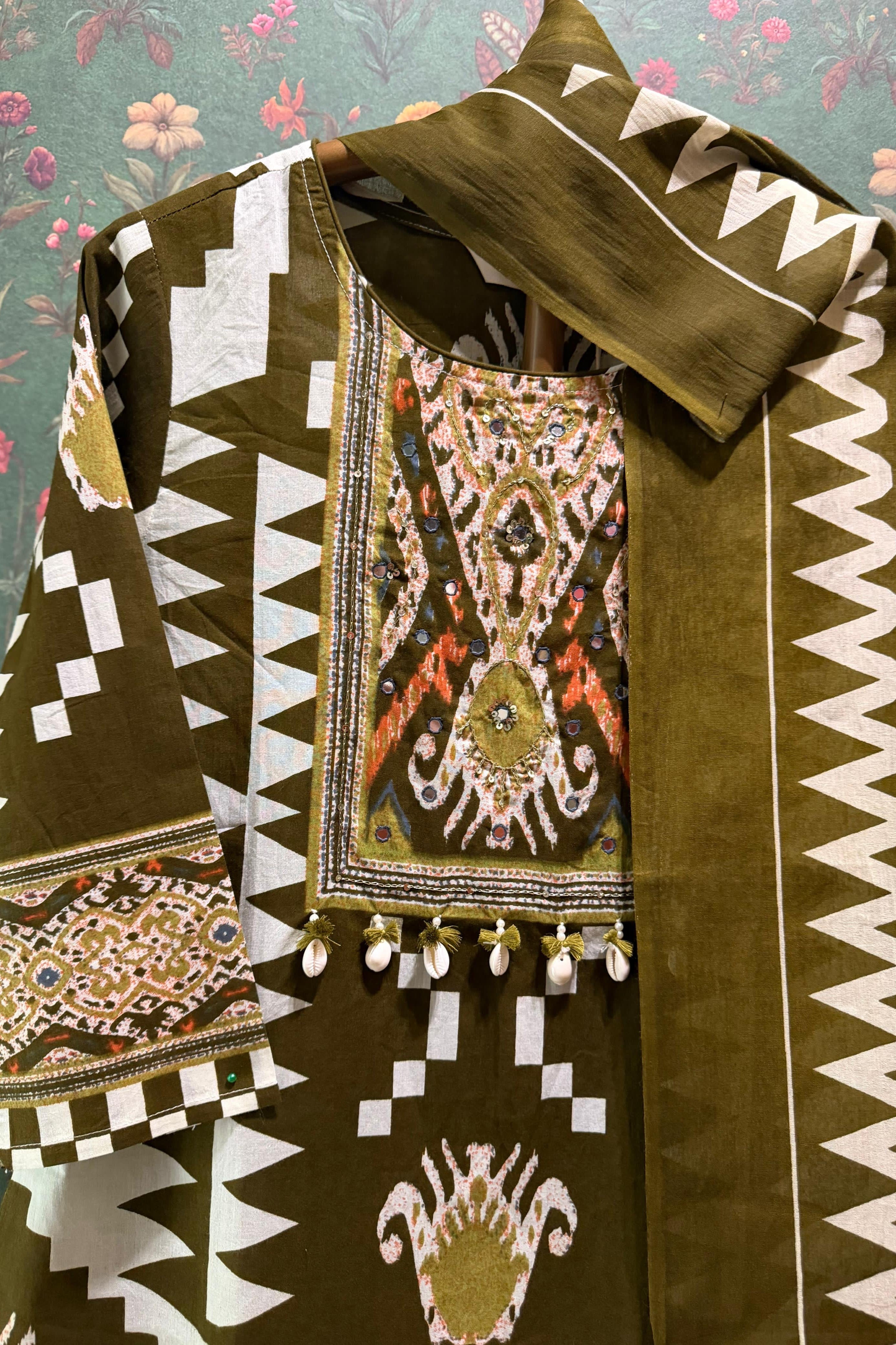 Kanak Ikat Olive Green Handcrafted Suit Set | HER-748
