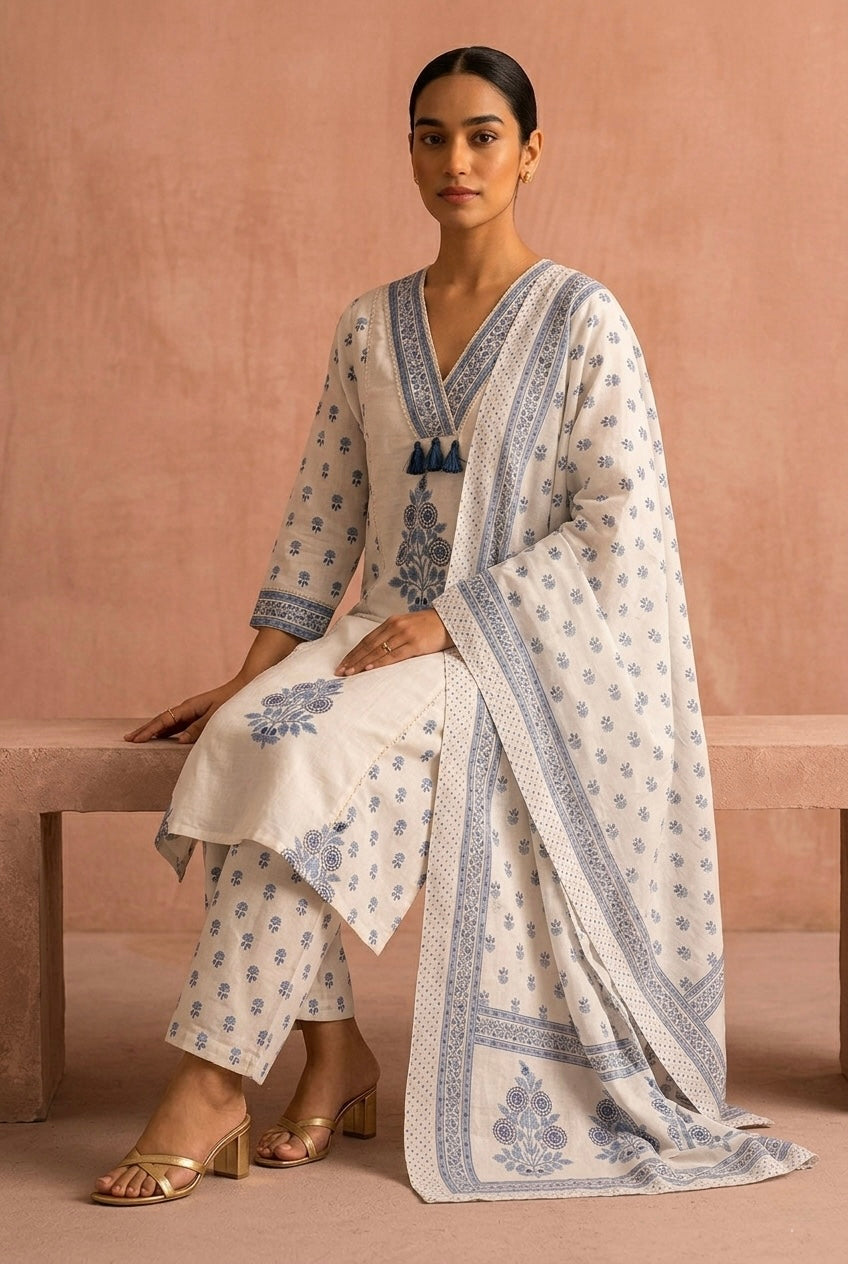 Ivory Blue Floral Printed A-Line Suit Set | HER-716