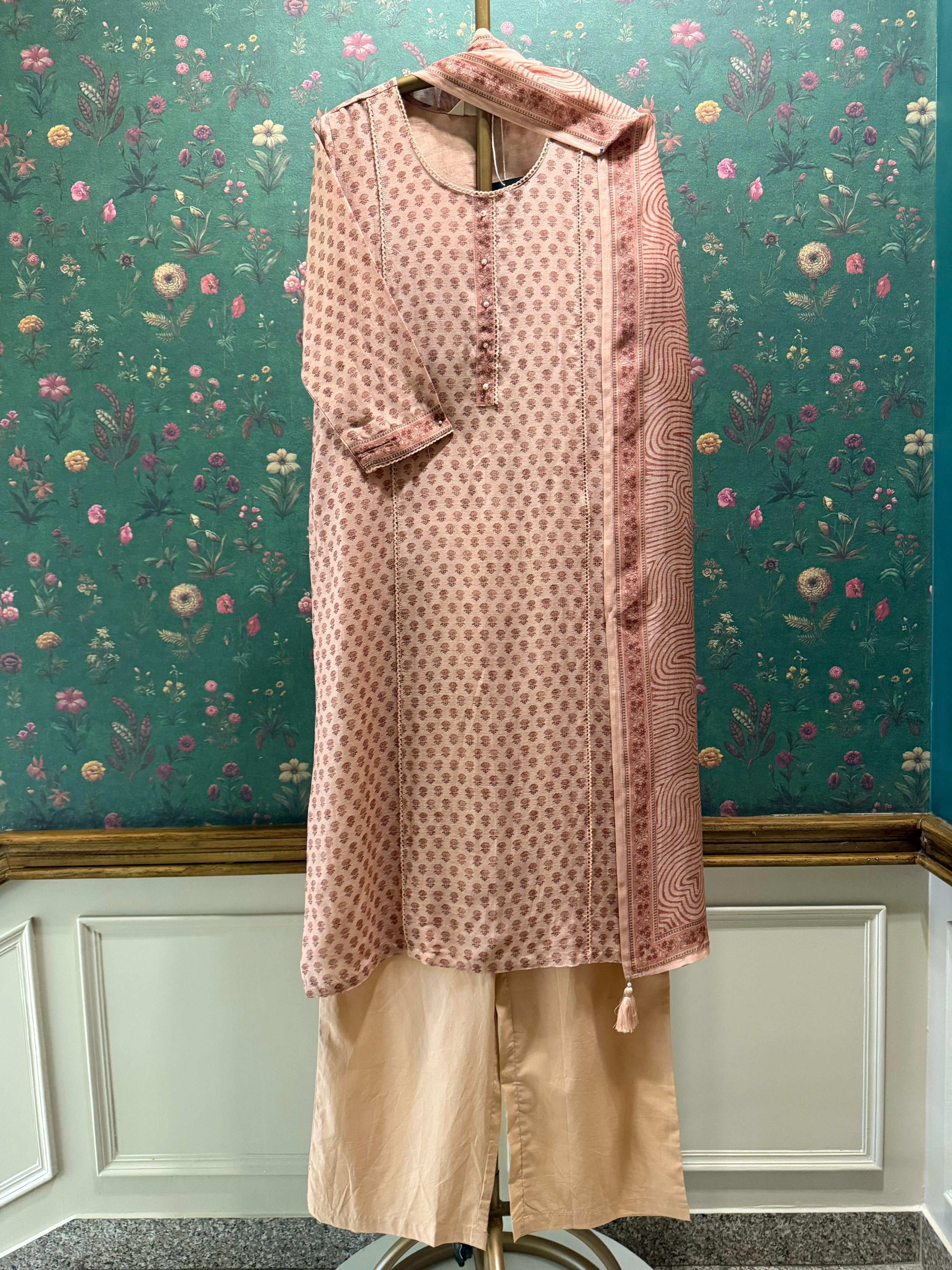 Dusty Peach Printed Linen Cotton Suit Set | HER-772