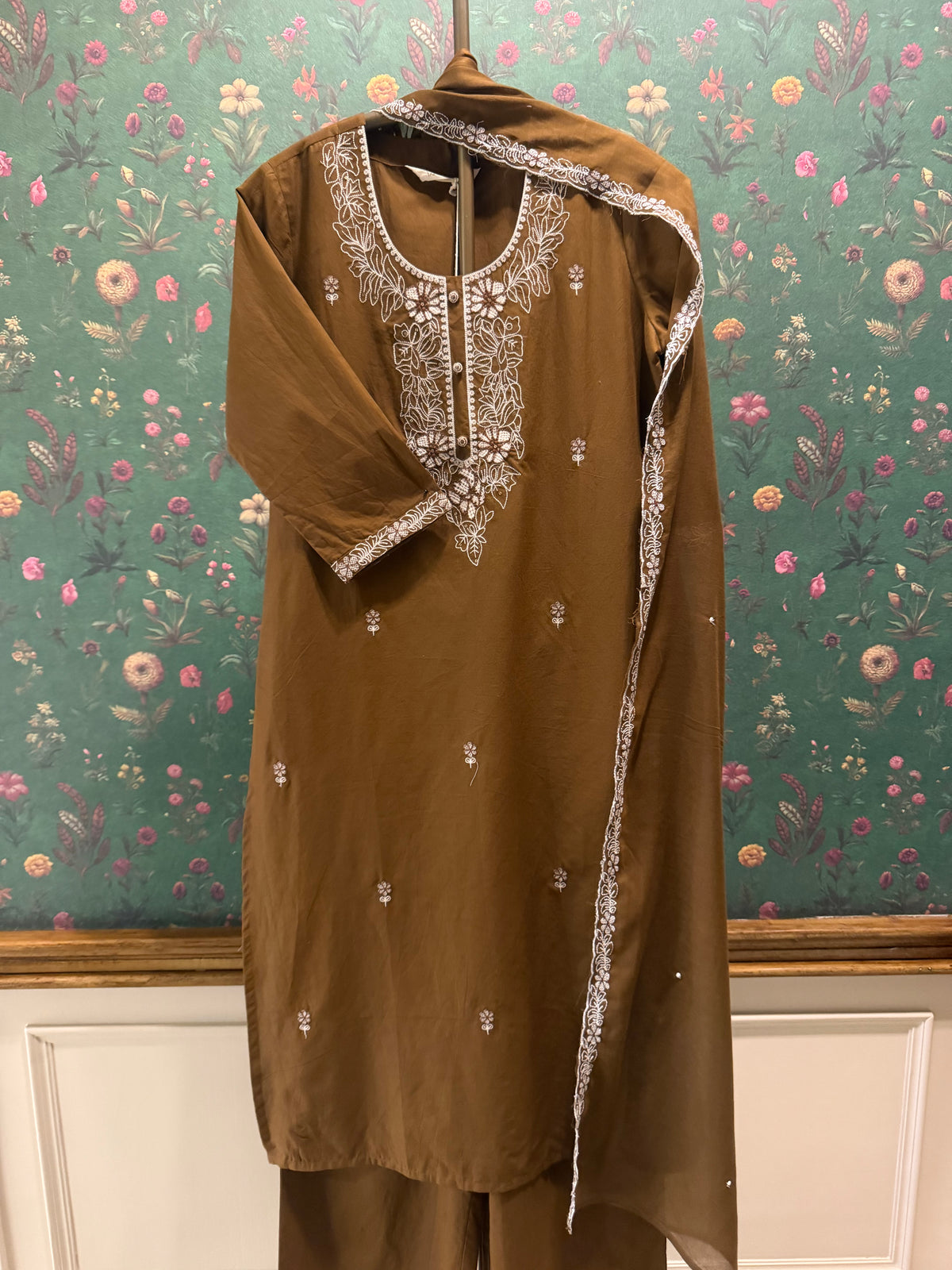 Cocoa Brown Embroidered Cotton Suit Set | HER-686