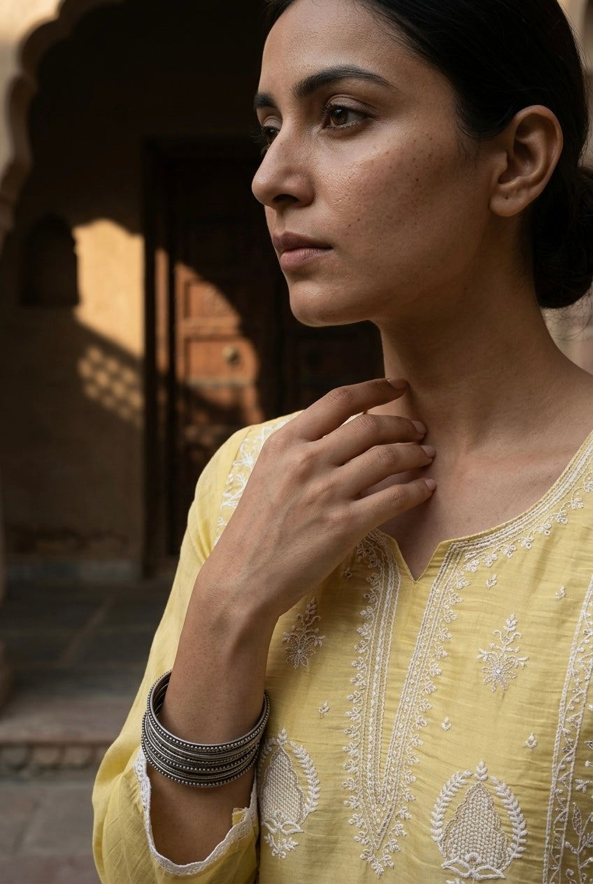 Pastel Yellow Embroidered Mul-Chanderi Suit Set | HER-788