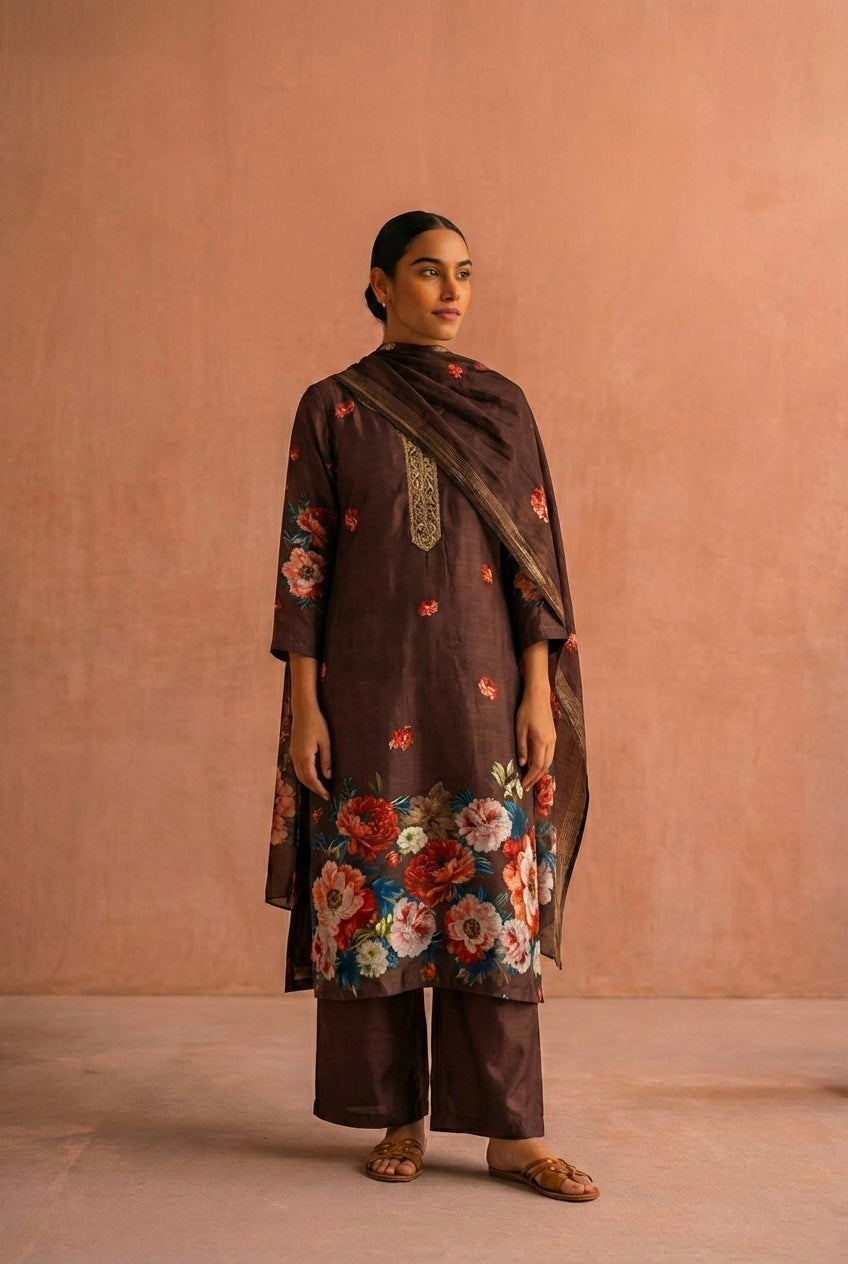 Noorbagh Deep Cocoa Brown Chanderi Suit Set | HER-603