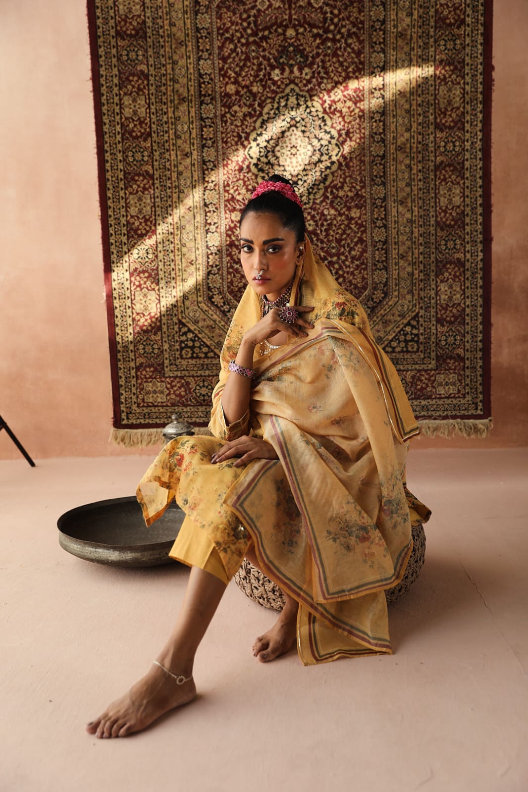 Heer Floral Yellow Chanderi Suit Set | HER-255