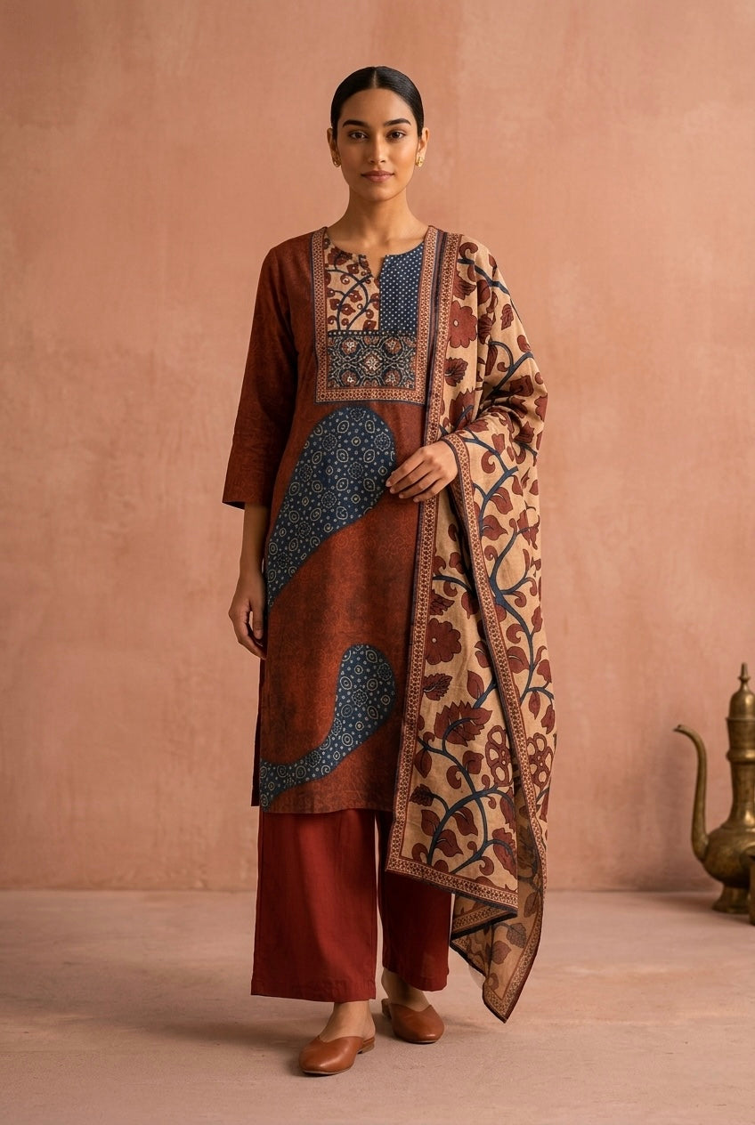 Rust Indigo Patchwork Printed Cotton Suit Set | HER-701