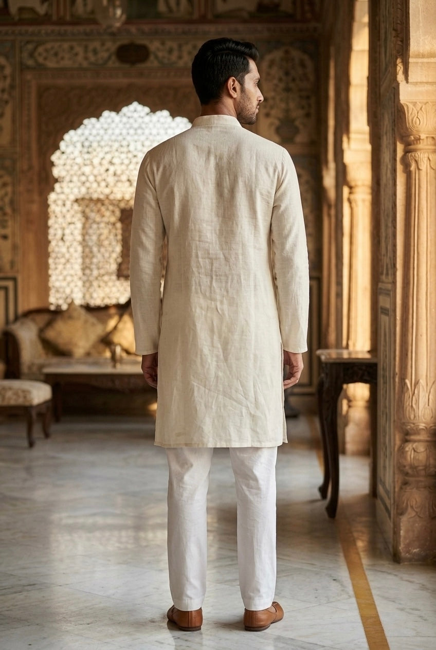 Men’s Pure Linen Kurta Pajama Set – Warm Ivory