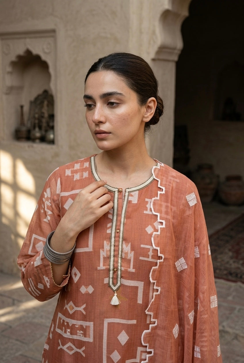 Coral Ikat-Inspired Chanderi Suit Set