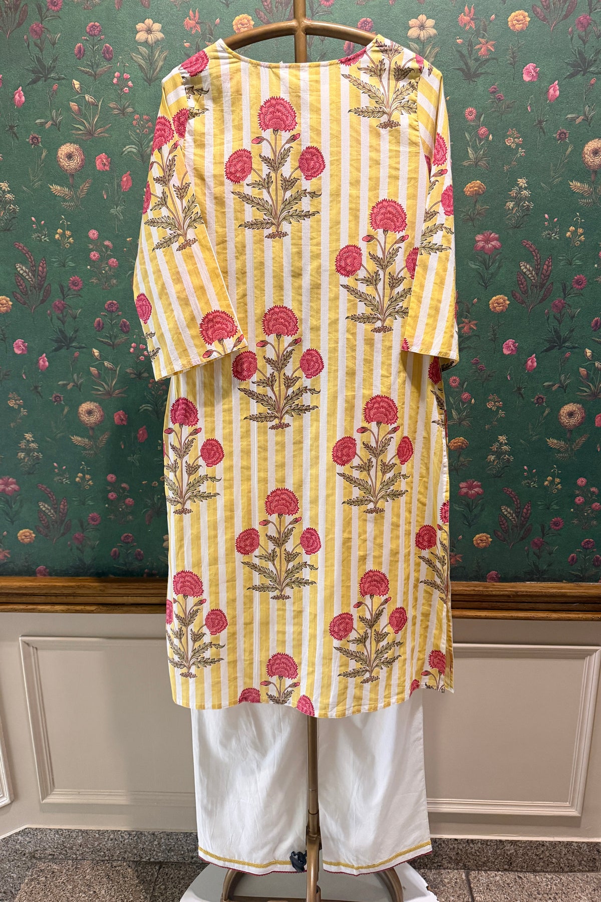 Mustard Floral Stripe Kurta Set