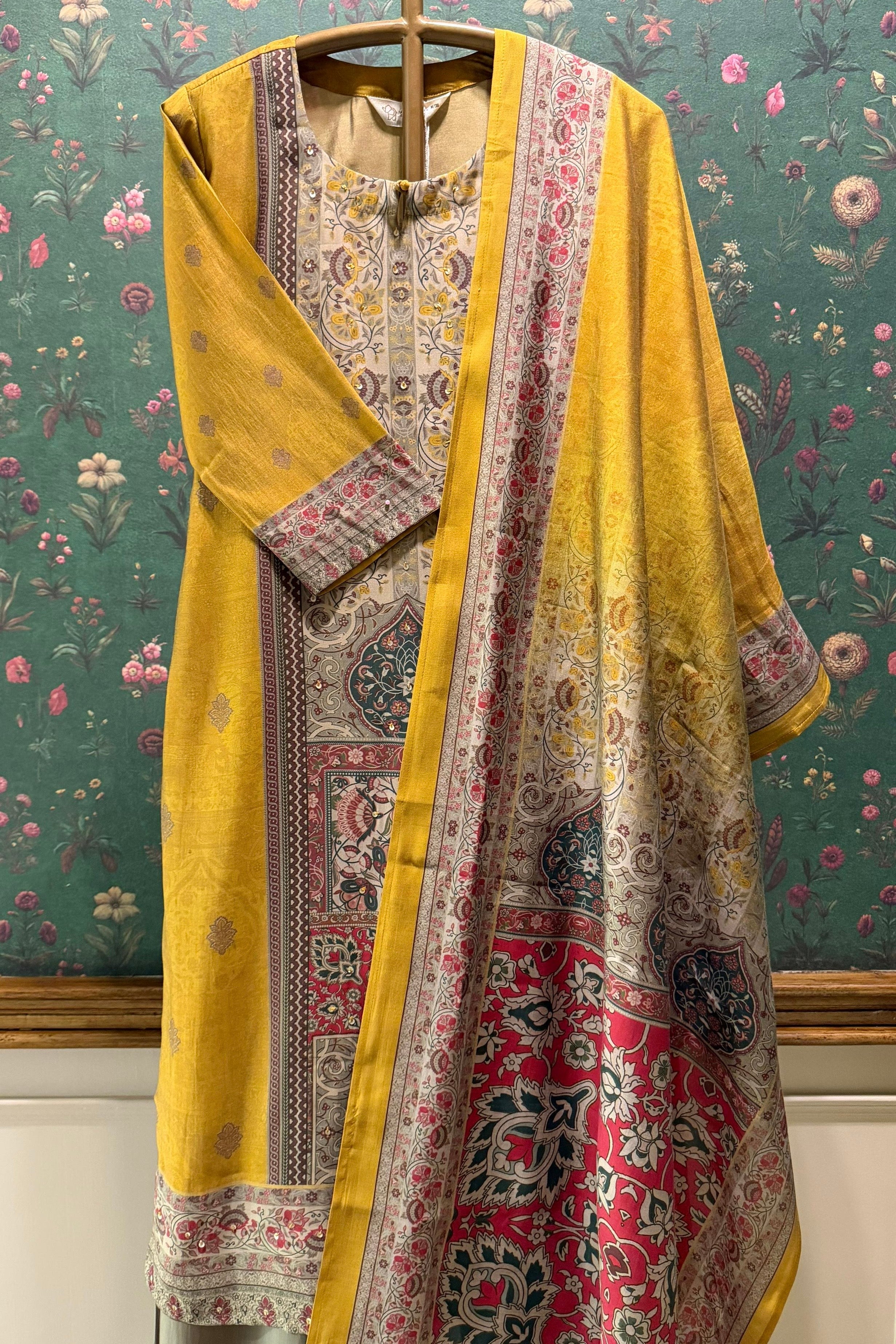 Mustard & Taupe Mughal Print Embellished Suit Set | HER-571