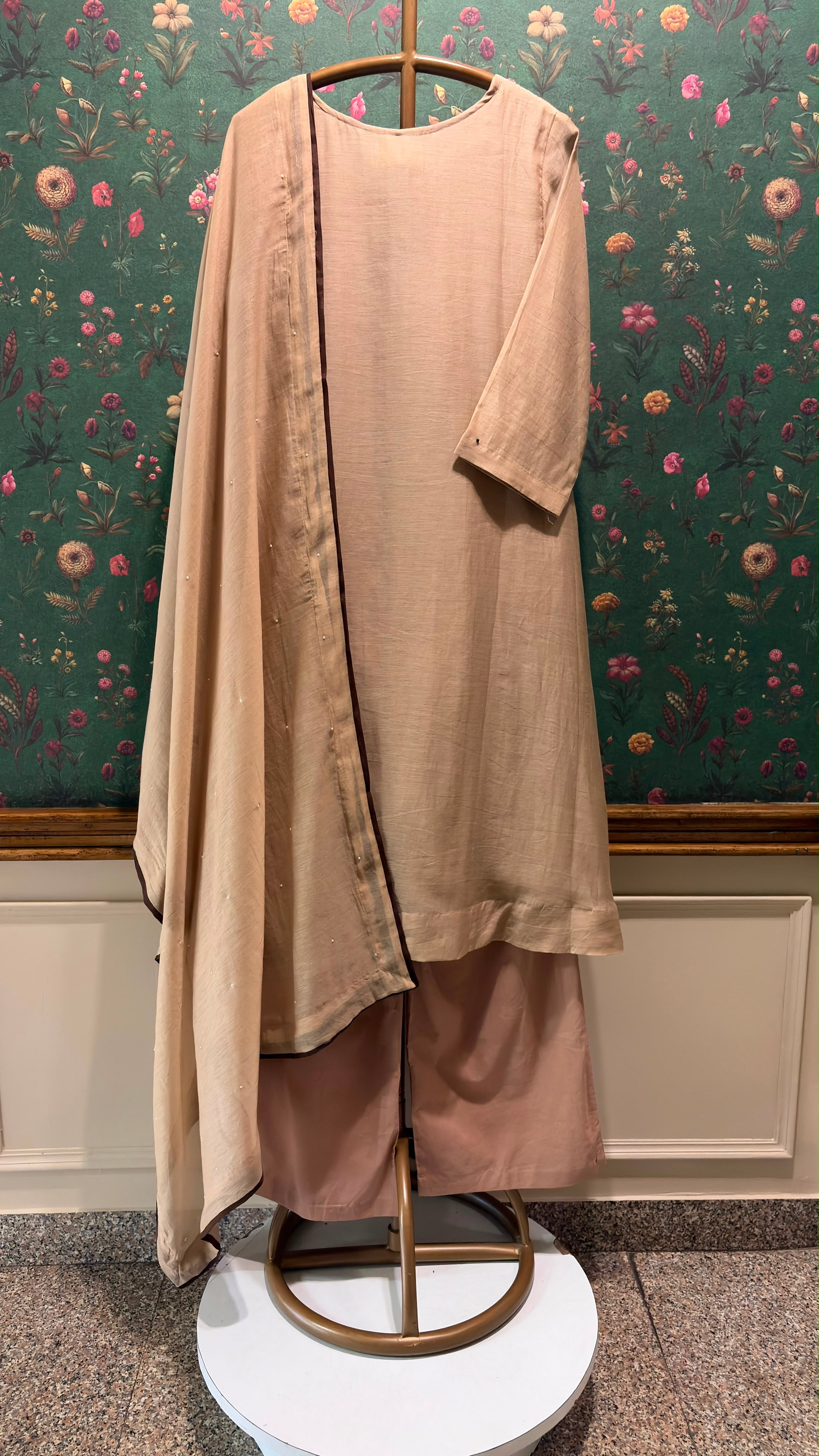 Champagne Beige Embellished Mul Chanderi A-Line Suit Set