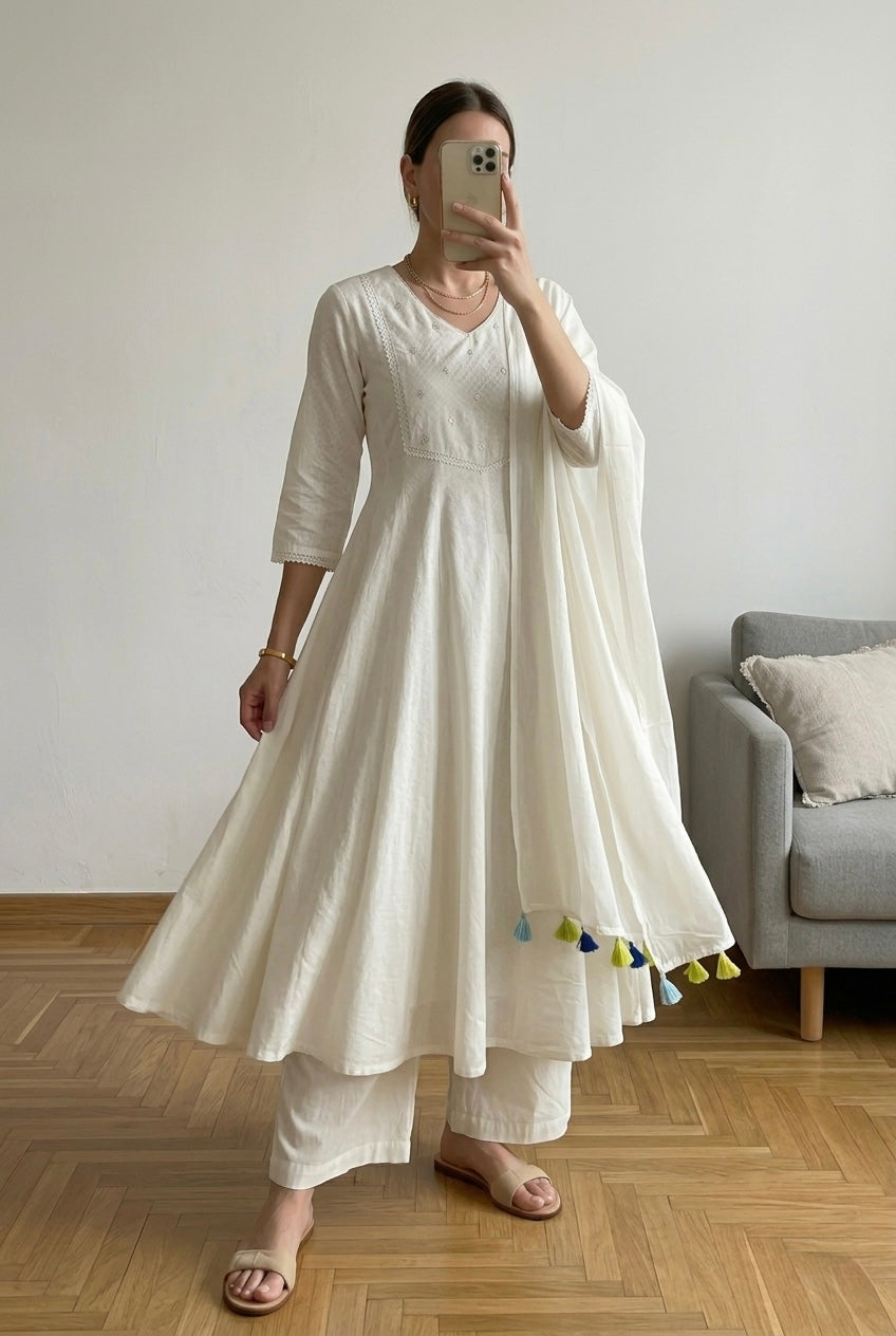 Ivory White A-Line Cotton Suit Set | HER-685