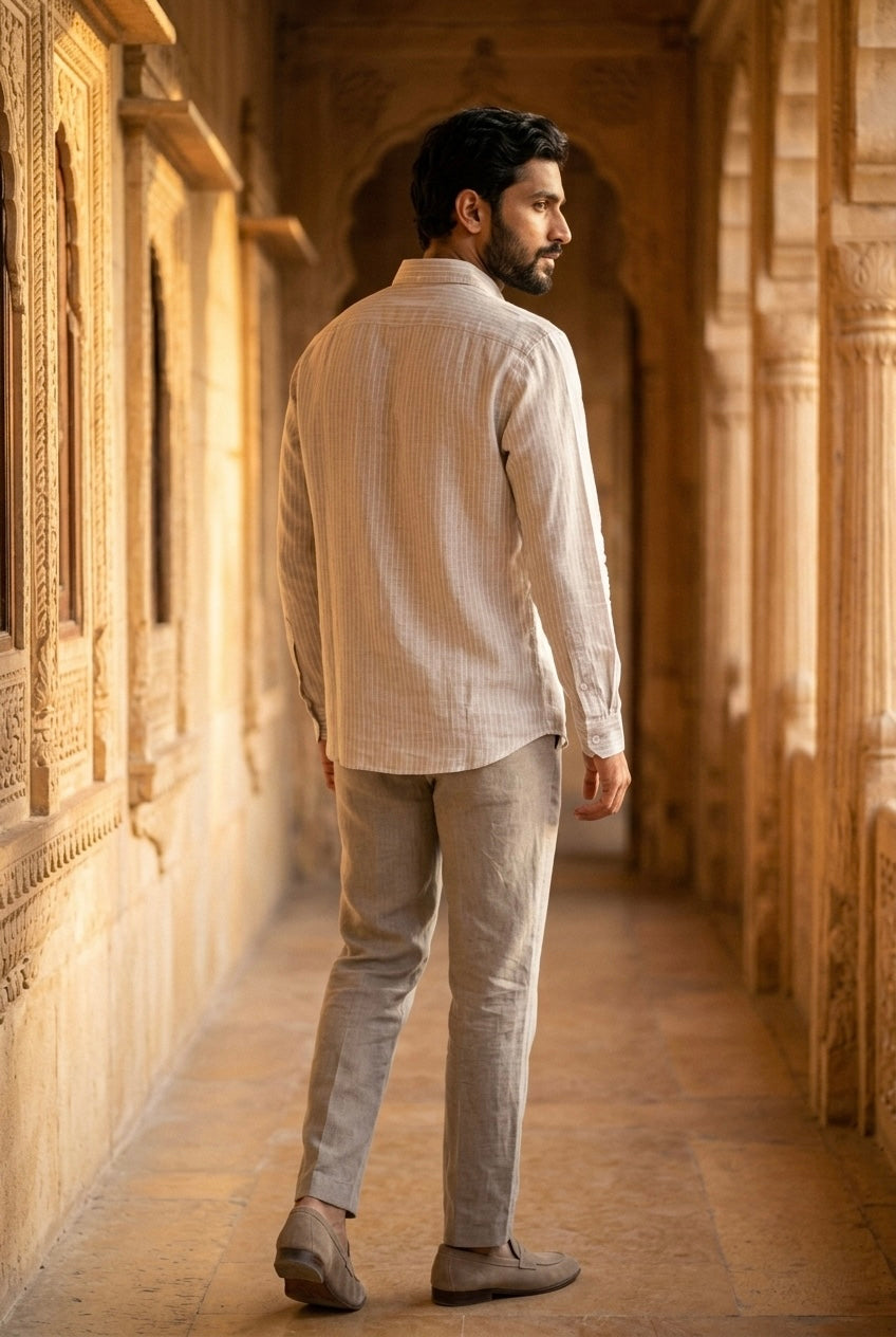Men’s Ivory Printed Pure Linen Full Sleeves Shirt