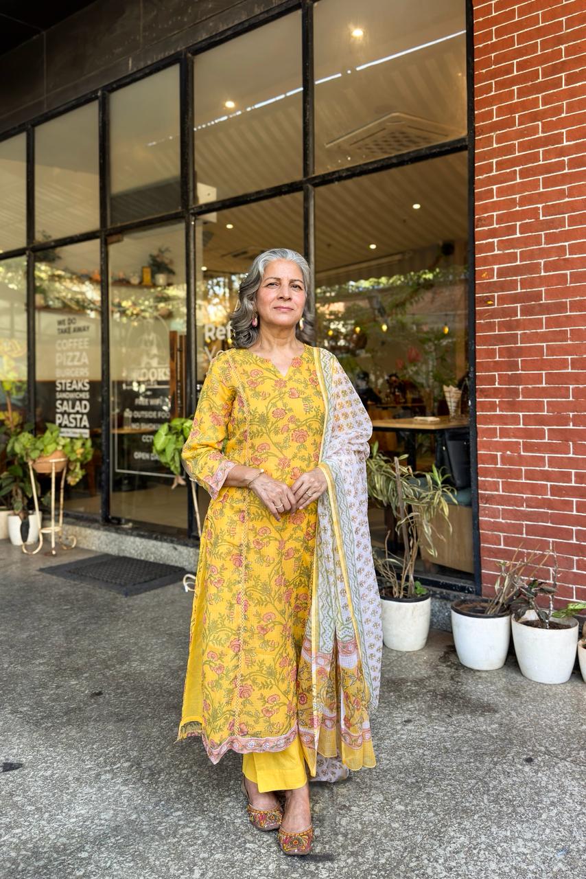 Yellow Floral Printed Kota Doria Suit Set,with Kota Doria Dupatta x Gurdeep | HER-756