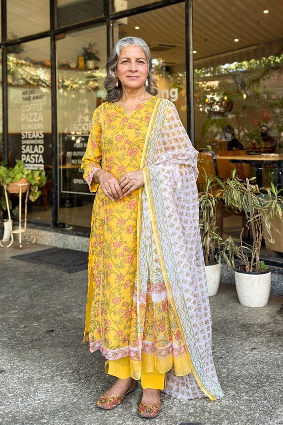 Yellow Floral Printed Suit Set, with Kota Doria Dupatta | HER-756